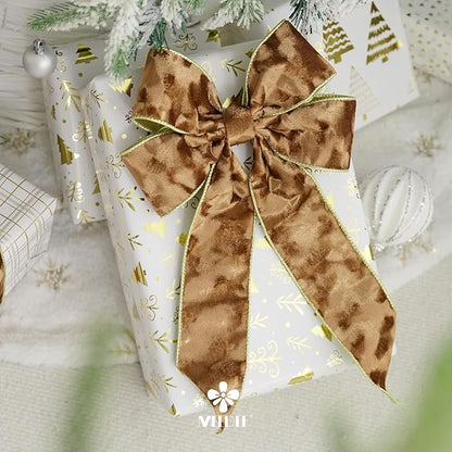 MEEDEE 2-1/2 inch Brown and Gold Velvet Ribbon 10 Yards Spool Two Tone Wired Ribbon for Christmas Tree, Gift Wrapping, Thanksgiving Wreaths, Fall Velvet Bow, Crafts Supply, Seasonal Decorations