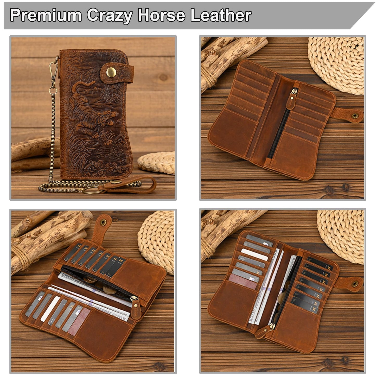 Yevabo Retro Full-grain Genuine Leather Long Wallet Tiger Embossed Bi-fold Clutch Wallet with Anti-Theft Chain, Card Holder Zipper Coin Purse for Men, Brown