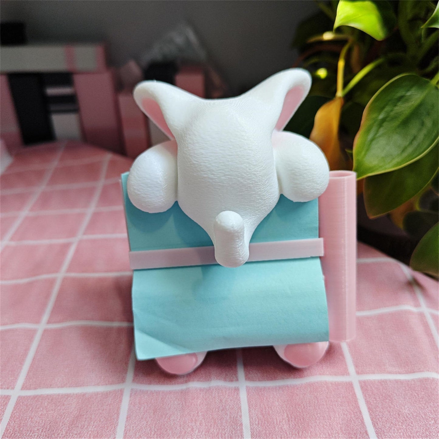 RhyNSky Elephant Sticky Note Holder - Pop-up Note Dispenser Cute with Pink Pen Holder for Office Desk Accessories, 3x3 in, White