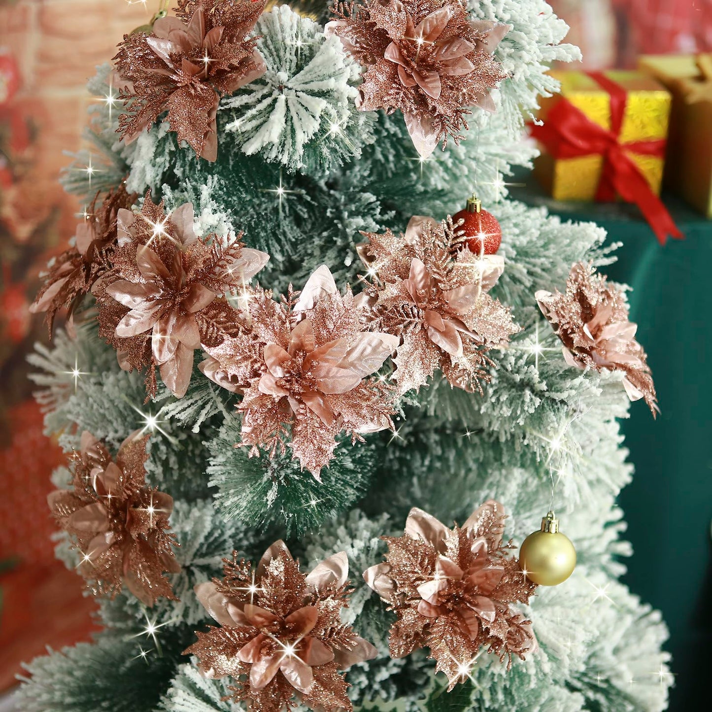 GREENTIME 12 Pcs Glitter Poinsettia 5.5" Artificial Flowers Christmas with Clips Stems Xmas Tree Ornaments for New Year Party Stairs Fireplace Porch Balcony Garden Church Wreath Decoration (Champagne)