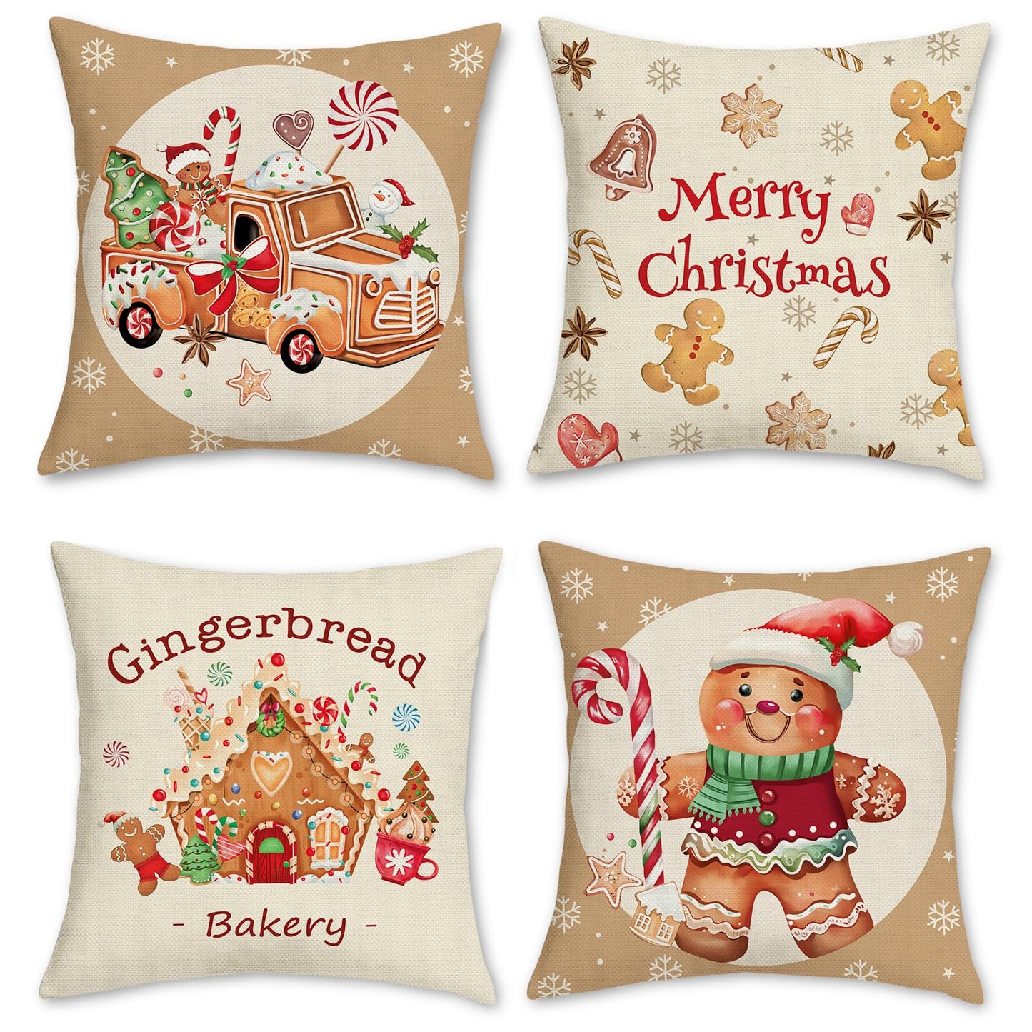 Bonhause Christmas Gingerbread Throw Pillow Covers 18x18 Inch Man House Truck Xmas Bakery Decorative Pillows for Couch Sofa Home Winter Holiday Decor Set of 4