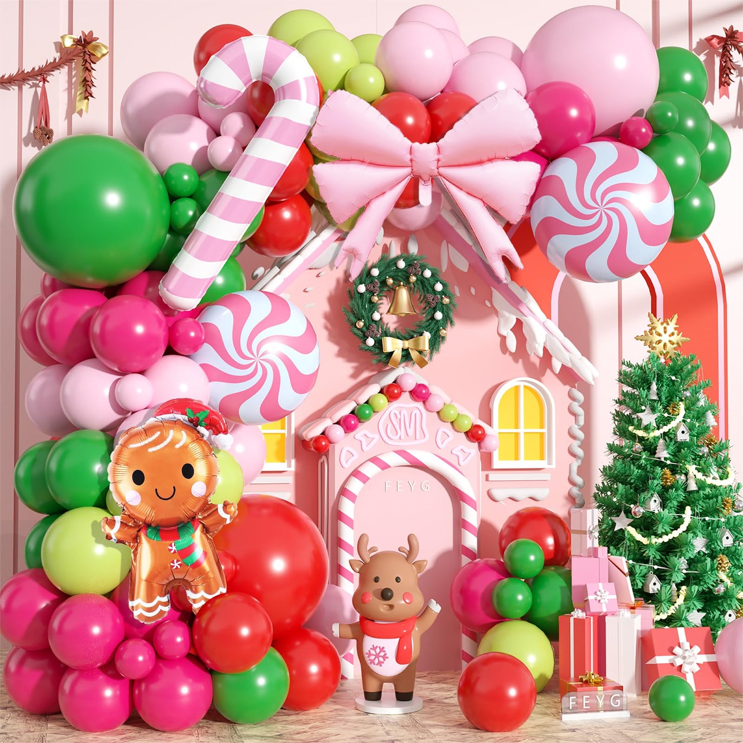 Christmas Balloons Arch Kit, 125 PCS Hot Pink Green Red Christmas Balloons, Gingerbread Balloon Garland with Candy Cane Bow & Gingerbread Foil Decorations for Party