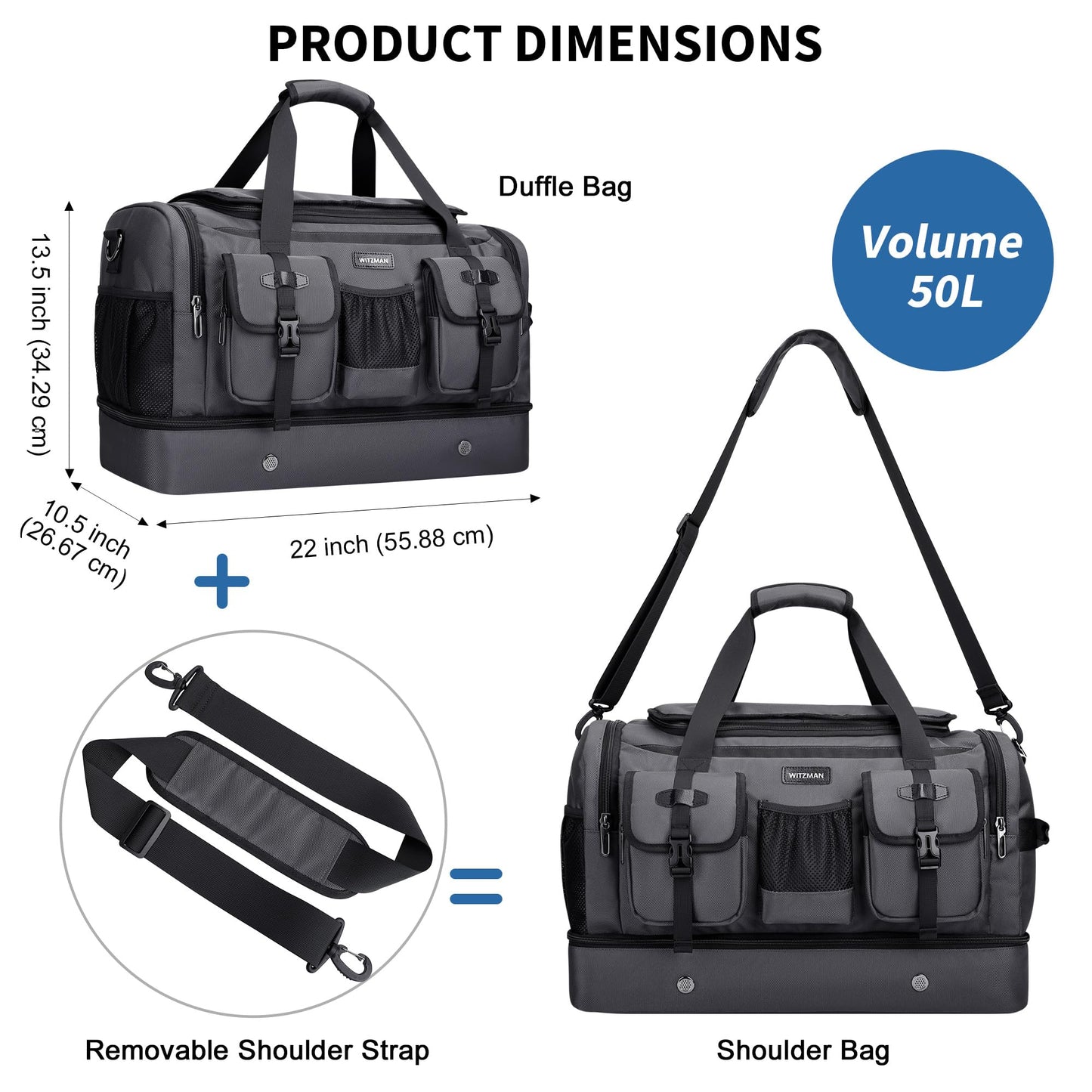 WITZMAN Duffle Bag for Men Large Carry On Travel Mens Weekender Overnight Bags with Shoes Compartment for Sports Gym(B723 Silvery Grey)