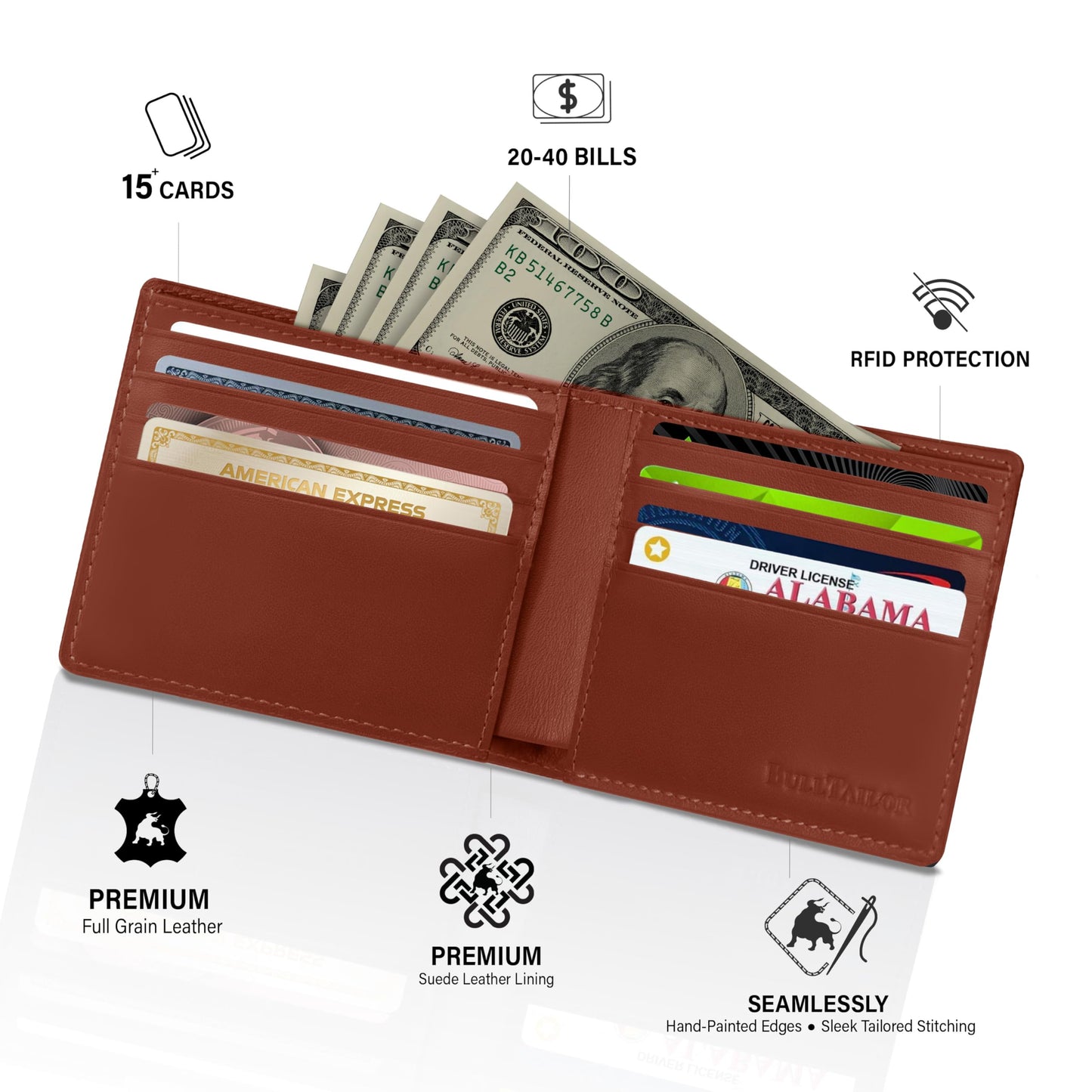 BULLTAILOR Full-Grain Leather Wallet for Men, Minimalist Slim Mens Bifold RFID Blocking Wallet with Cash Pocket, 8 Card Slots (Cognac Brown)