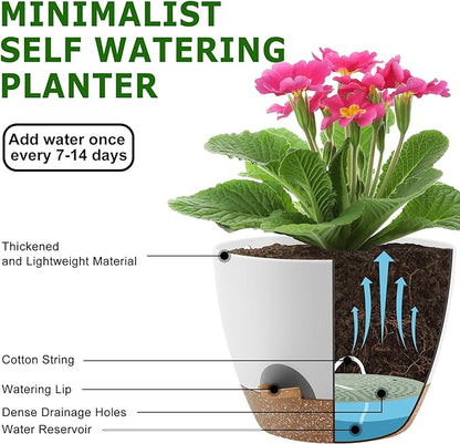 Plant Pots 10/9/8 Inch Self Watering Pots, Set of 3 Plastic Planters with Drainage Holes and Saucers,Plastic Flower Pots,Nursery Planting Pot for Indoor Out Door Plants（White）