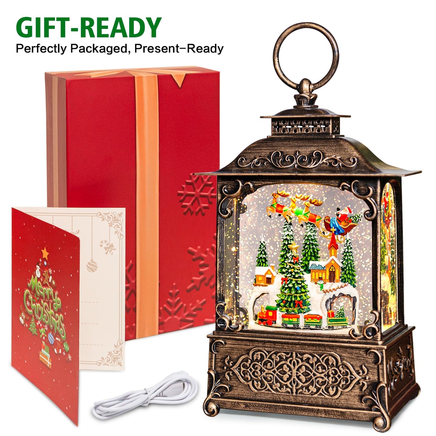 Christmas Snow Globes Lantern with Music, Winter Village Scene Snow Globes with Swirling Glitter Effects, USB/Battery Powered with 6-Hour Timer, Christmas Decorations