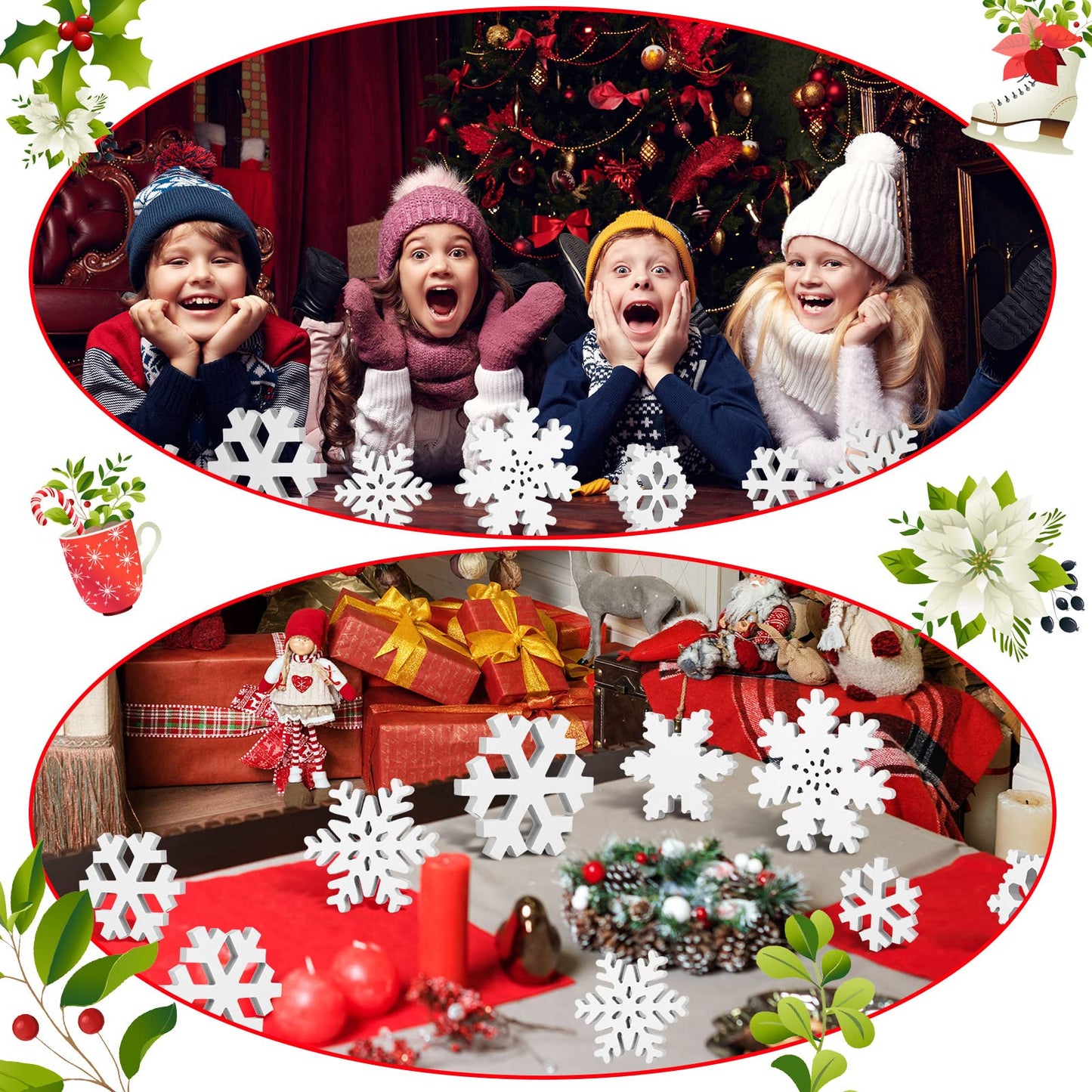 Kajaia 9 Pcs Winter Wooden Snowflake Table Decorations White 3D Snowflake Tabletop Centerpieces Winter Standing Sign Xmas Tiered Tray Decor for Home Fireplace Mantel Party Supplies