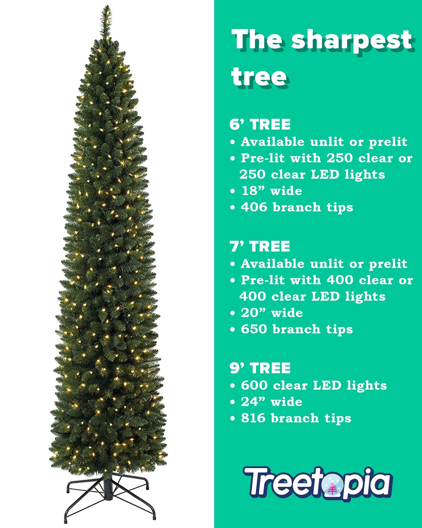 Treetopia Empire Pencil Tree - Artificial Indoor Christmas Tree, Prelit with LED Clear Lights, Hinged Branches, Holiday Décor, 7.5ft