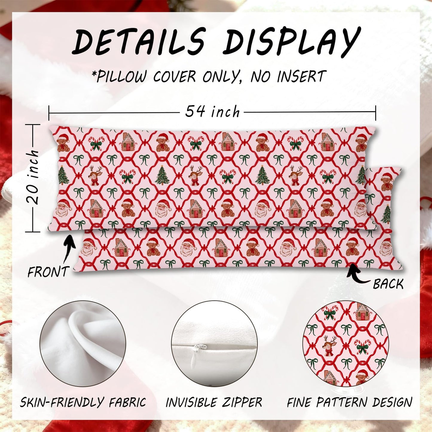 Mancheng-zi Red and Green Christmas Bow Trellis 20x54 Body Pillow Cover Pillowcase with Zipper, Coquette Christmas Decor, Retro Xmas Santa Reindeer Decorative Long Hug Pillow Cases for Bed Couch