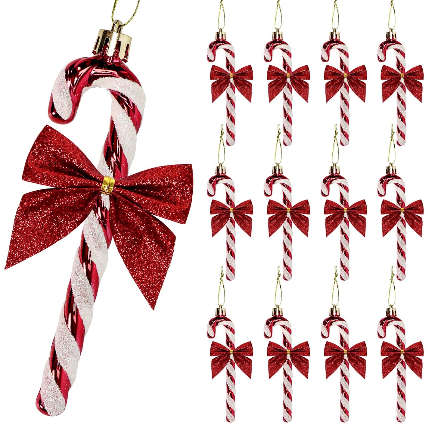 12 Pcs Candy Cane Christmas Decorations, 5.5inch Glitter Candy Cane Bows for Xmas Tree Hanging Ornament Holiday Festival Party Home Decoration (Red)
