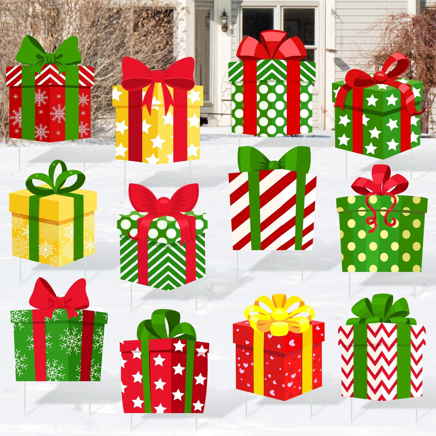 Soaoo 12 Pcs Christmas Decoration Outdoor Yard Sign with Stakes Xmas Lawn Sign Box Sign Decor for Home Outdoor Pathway Walkway Lawn Patio Yard Garden Party Supplies