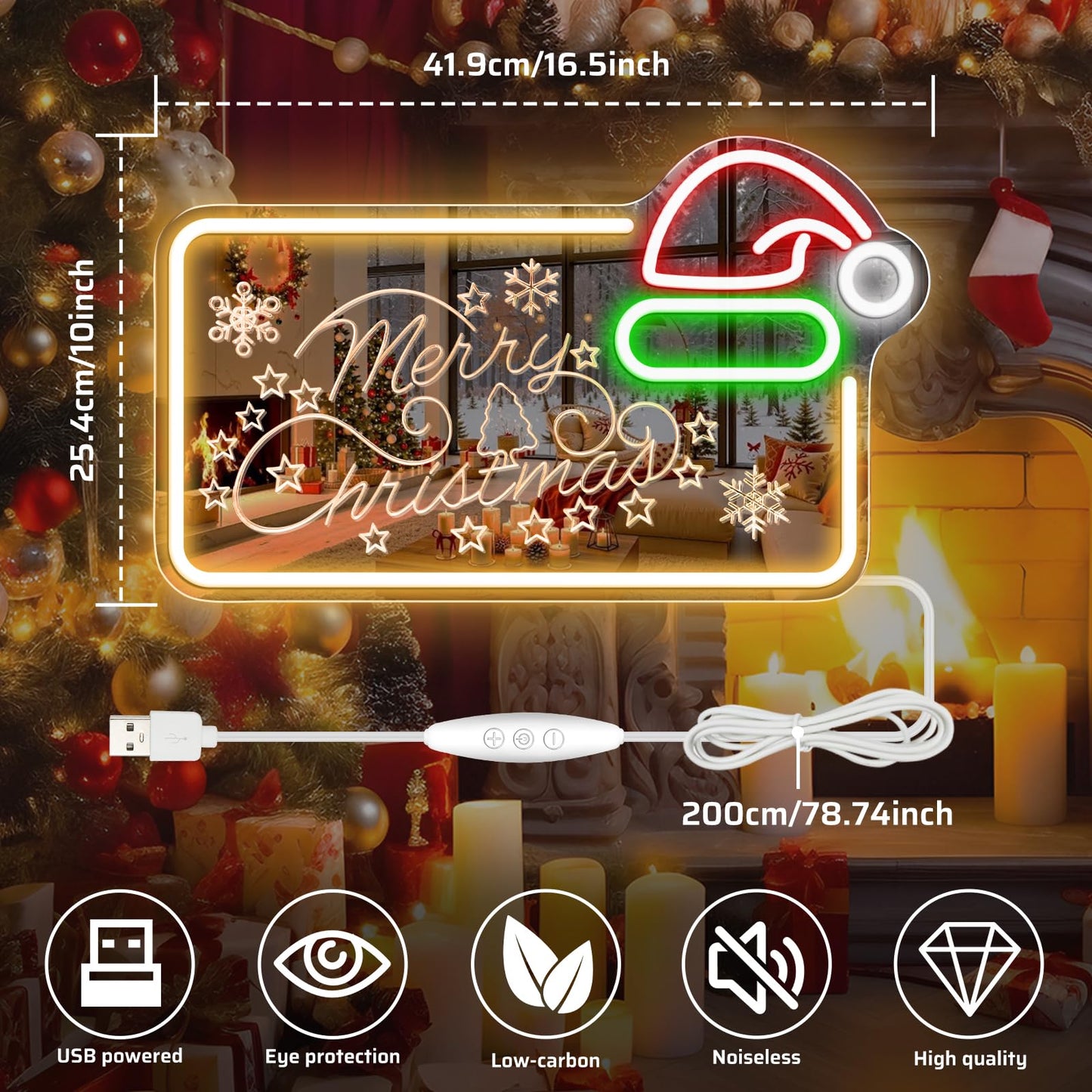 16.5 x 10’’ Mirror Merry Christmas Neon Sign, Carving LED Sign with Santa Hat, USB Powered Dimmable Switch for Xmas Party Kids Bedroom Bar Pub Club-Christmas Gift Decorations