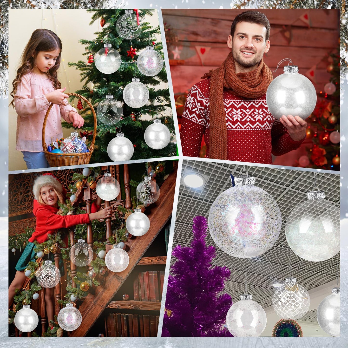 Wettarn Set of 8 Transparent Large Christmas Ball Ornaments 6 Inch Glitter Hanging Plastic Balls Christmas Tree Decorations for Lawn Yard Garden Party with Exquisite Filling Decoration(Silver White)