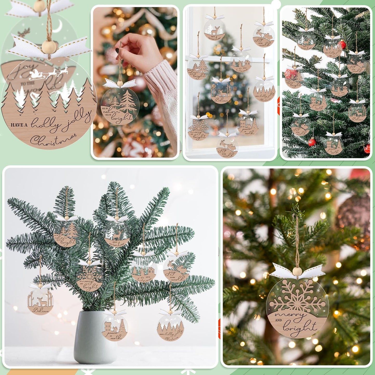 GuassLee 28pcs Winter Christmas Hanging Ornaments for Tree - 3D Wooden Acrylic Christmas Cutouts Reindeer Snowman Snowflake Ornaments for Xmas Tree Gifts Winter Party Supplies