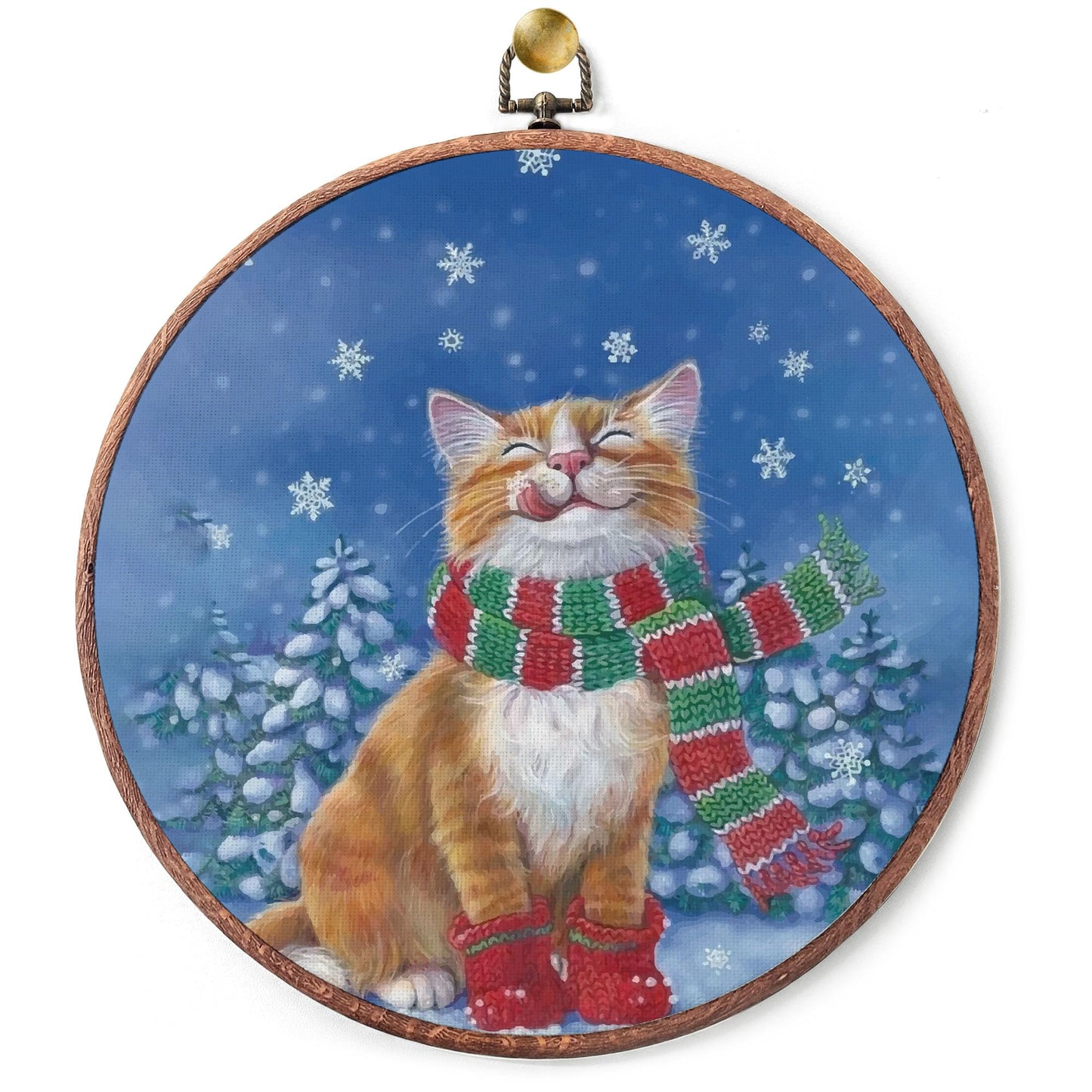 heiyihe Winter Round Cat Canvas Hanging Prints, 10x10 Inches Round Christmas Canvas Frame Wall Art Decor, Christmas Embroidery Kit Decor for Home Living Room, Gift Ideas for Family Friends-A11
