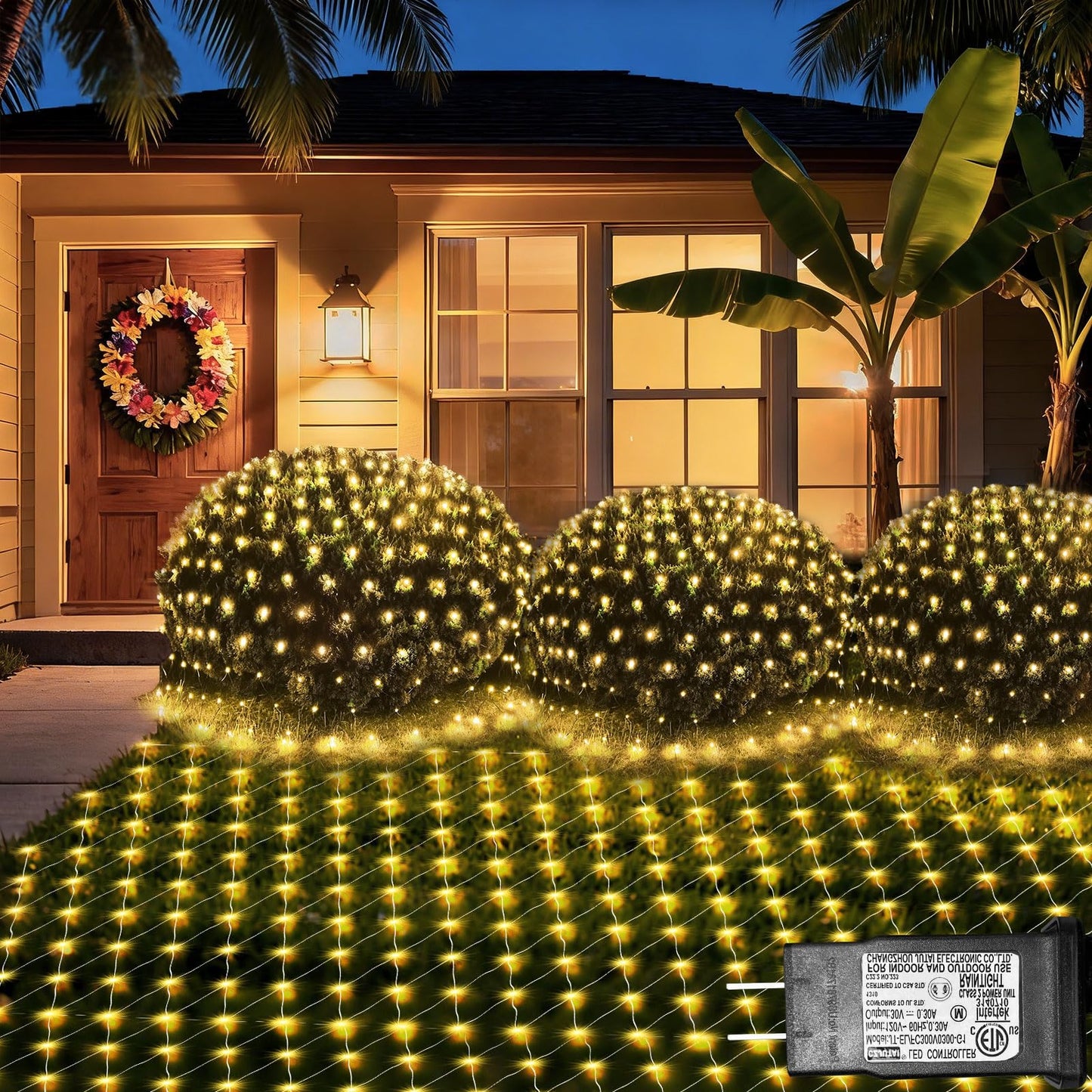 Lovelite 120 LED Christmas Net Lights, 5ft x 5ft Mesh Lights Outdoor 8 Modes Timer, Waterproof Connectable String Lights Clear Wire Plug in for Bushes Lawns Garden Holiday Wedding Party - Warm White