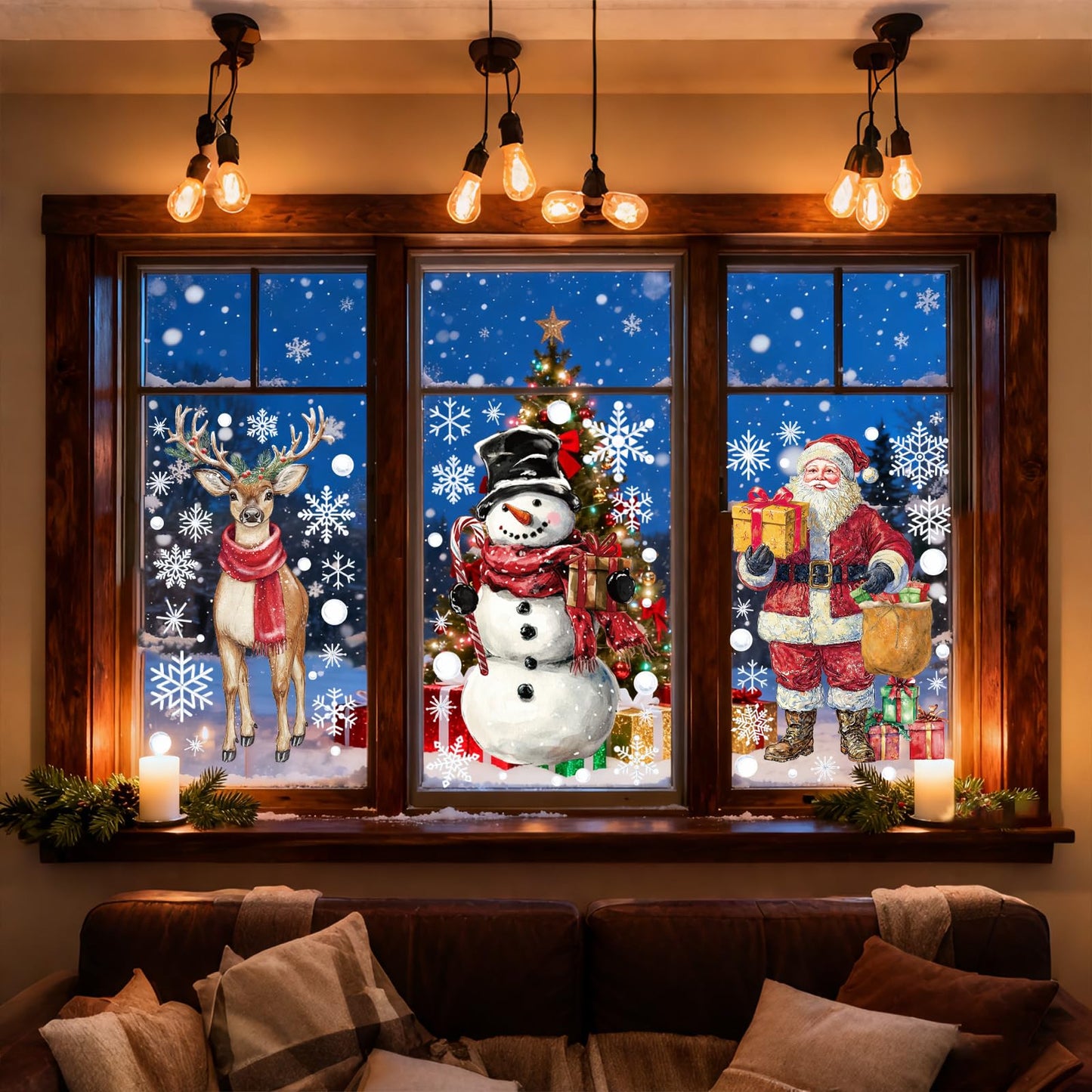 XZENTIRA Large Christmas Window Clings 3 Sheets Extra Large Santa Claus Snowman Reindeer Snowflake Window Stickers Double-Sided Holiday Window Decals for Xmas Glass Windows Home Party Decorations