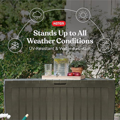 Keter Marvel Plus 71 Gallon Resin Outdoor Storage Box for Patio Furniture Cushions, Throw Pillows, Garden Tools and Pool Floats, Taupe