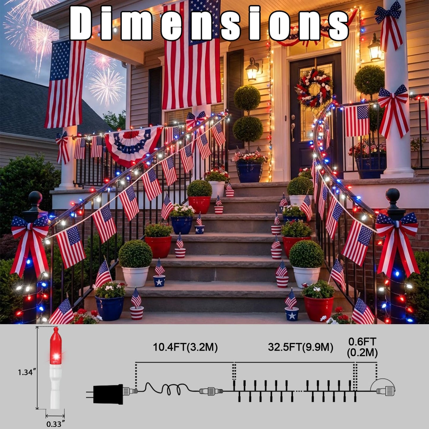 TWINGLEHOME 33ft (10 m) 100 LED Mini String Lights with White Wire, 4" Spacing, Multifunctional Lighting Modes (Red, Cool White, Blue), Plug-in for Indoor Holiday, Nation Day