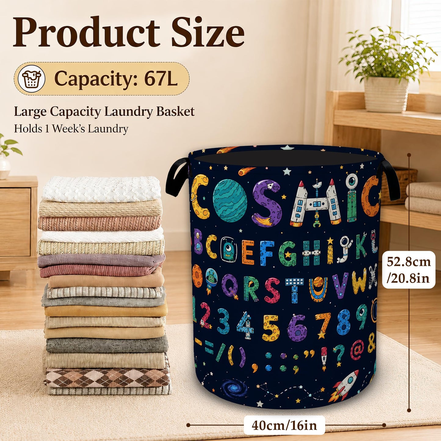Cosmic Alphabet Space Collapsible Laundry Hamper for Bedroom, Freestanding Oxford Clothes Basket, Large Foldable Storage Bin with Easy-Carry Handles for Bathroom Dorm Laundry Room