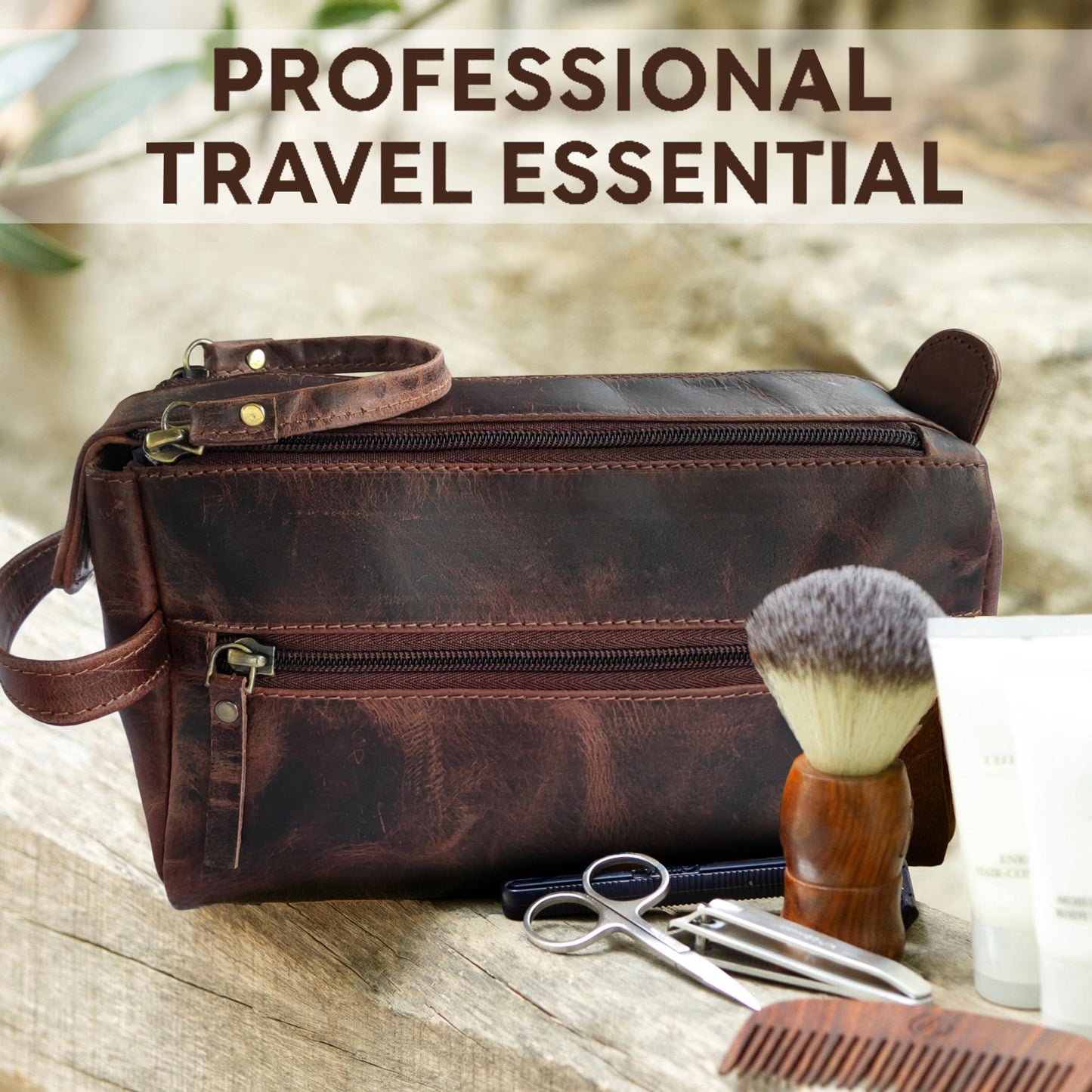 RUSTIC TOWN Leather Toiletry Bag for Men - Hygiene Organizer Travel Dopp Kit (Walnut Brown)