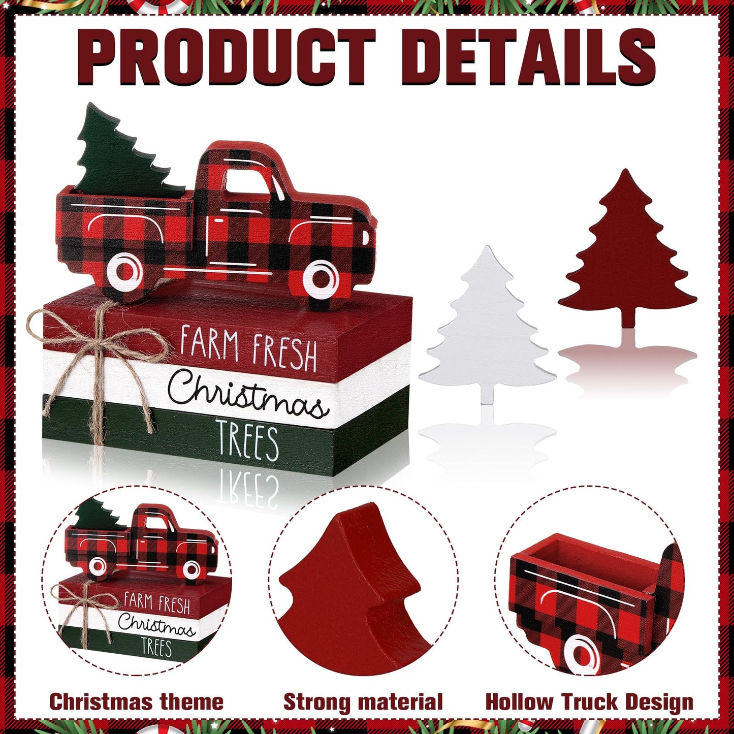 DoubleFill 7 Pcs Christmas Tiered Tray Decor Christmas Table Centerpiece Wooden Red Truck Tree Decor Block Sign 3 Faux Books Bundle with Twine for Xmas Bookshelf Farmhouse Home Party Rustic Decoration