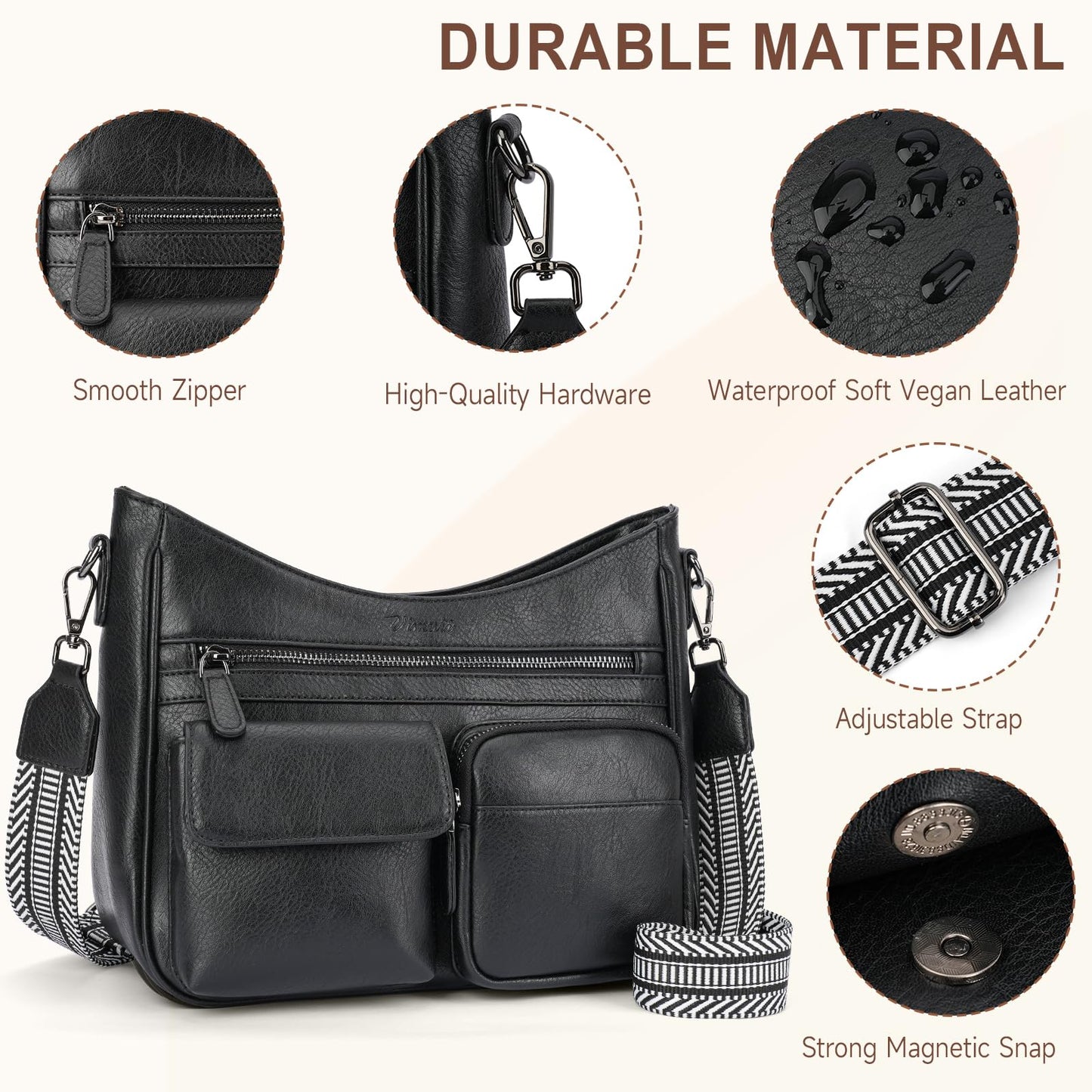 VIMUTI Crossbody Purses for Women Trendy,Multi Pocket Women's Crossbody Bag, Vegan Leather Shoulder Handbags Travel Purse (Black)