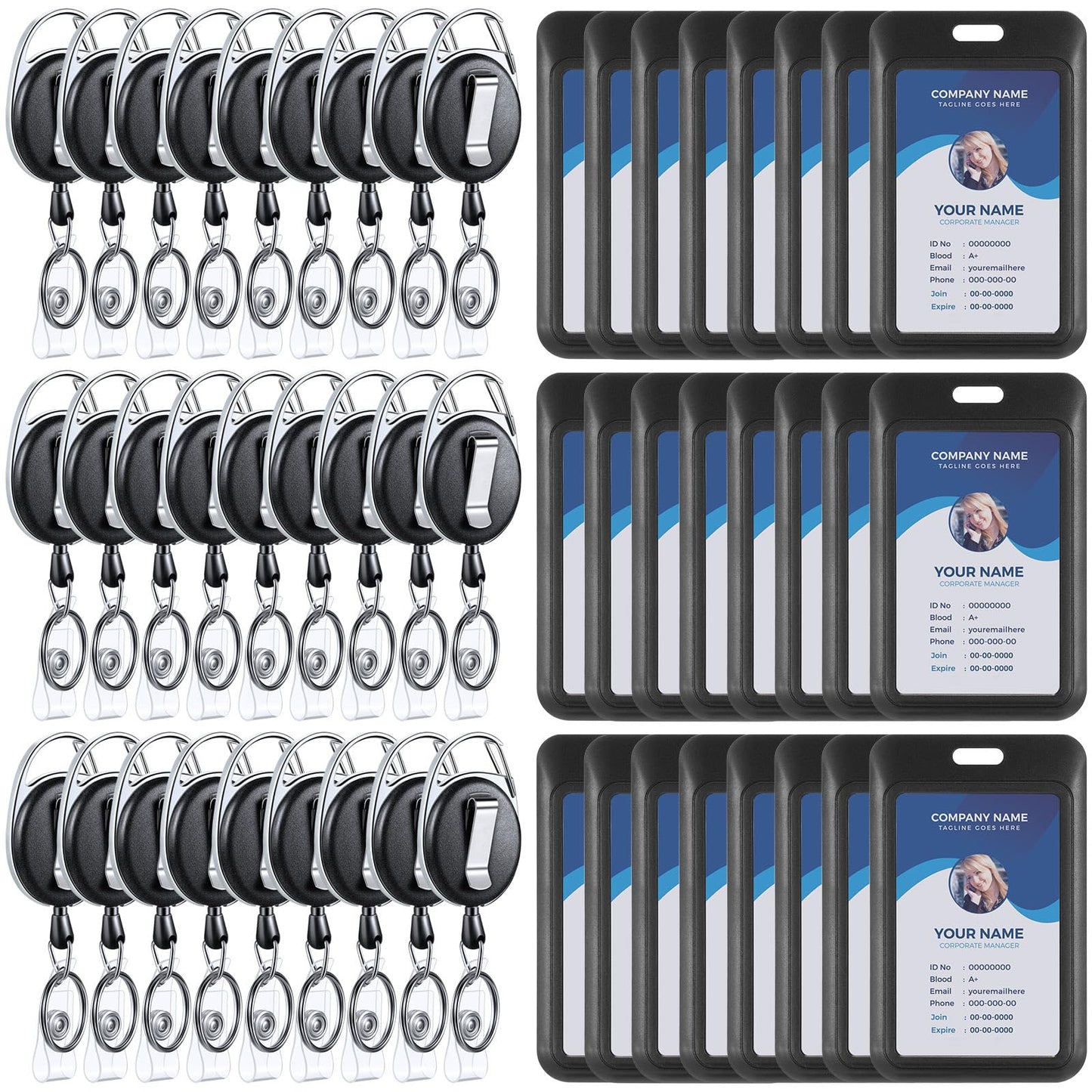 Dispowreath 24 Pack Sliding Badge Holder with Retractable Clip Black Vertical Plastic ID Card Case Protector, Heavy Duty Badge Reel ID Holders for Keychain Key Card Nurse Office Credit License
