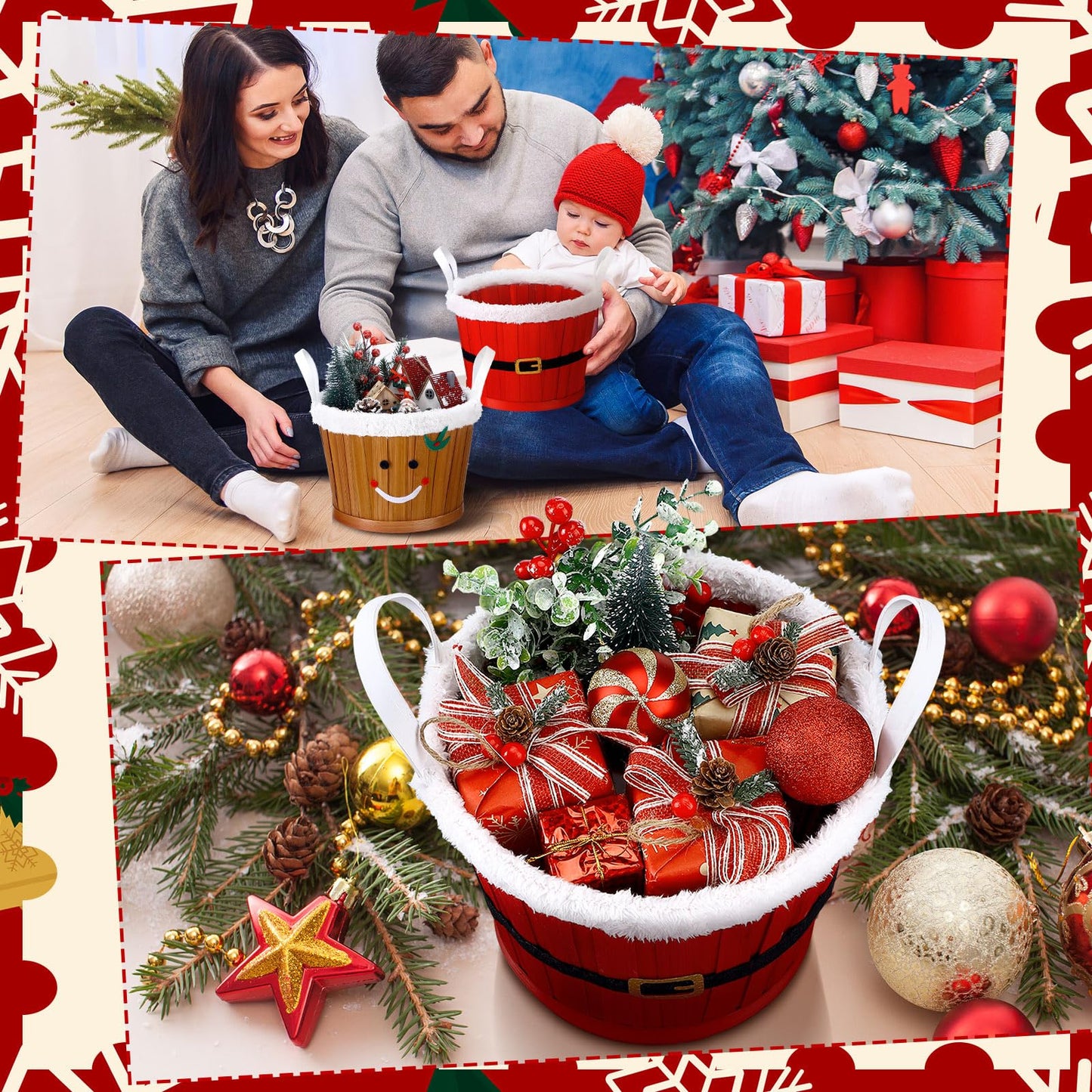 Youyole 4 Pieces Christmas Basket for Gifts Woven Bamboo Xmas Round Gingerbread Basket Small Santa Claus for Christmas Party Supplies Gift Snack Storage(Tall and Handle)