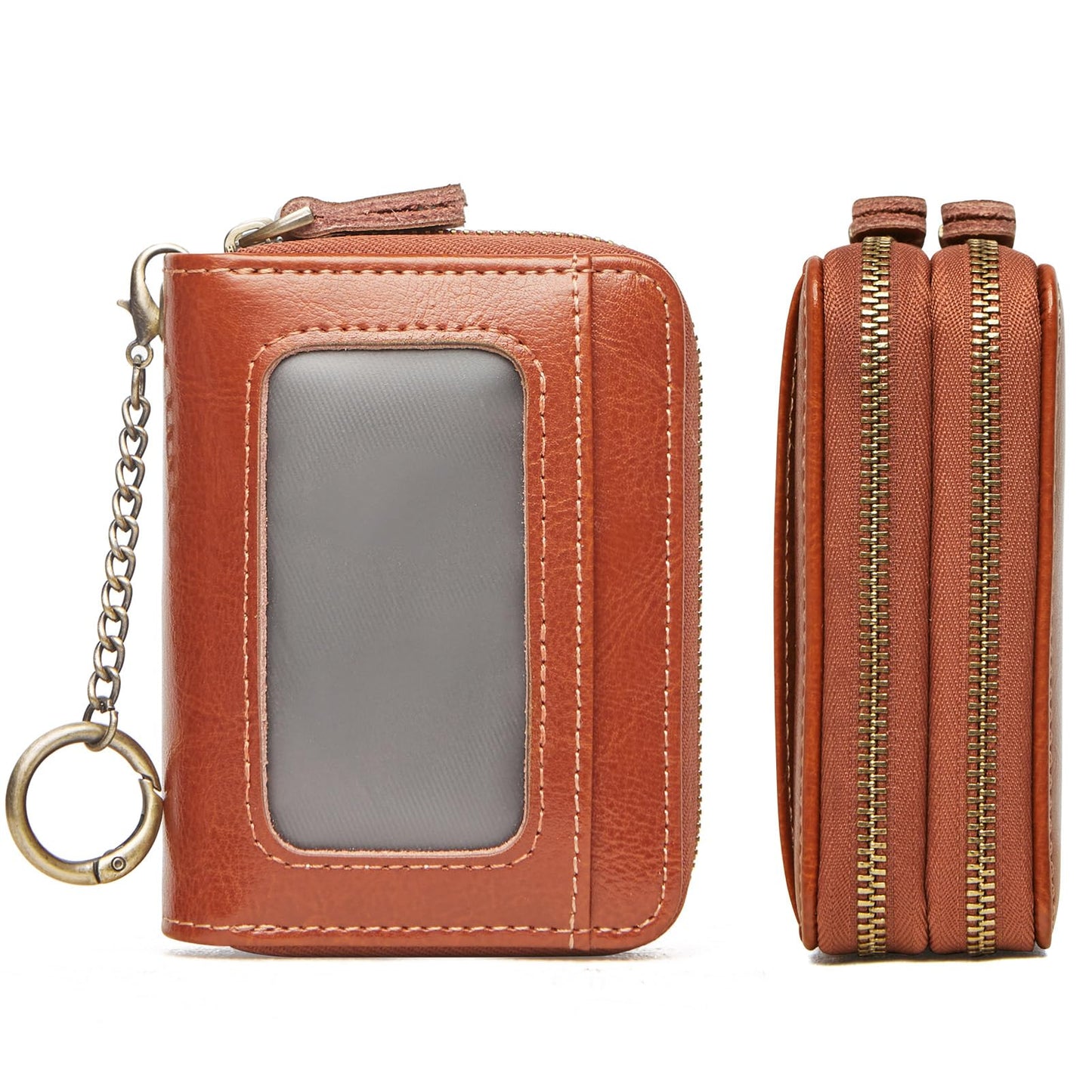 TFKGS Credit Card Holder for Women RFID Wallet Leather Womens Wallet with Zipper Blocking Keychain Card Accordion Wallets Gifts for Women Brown