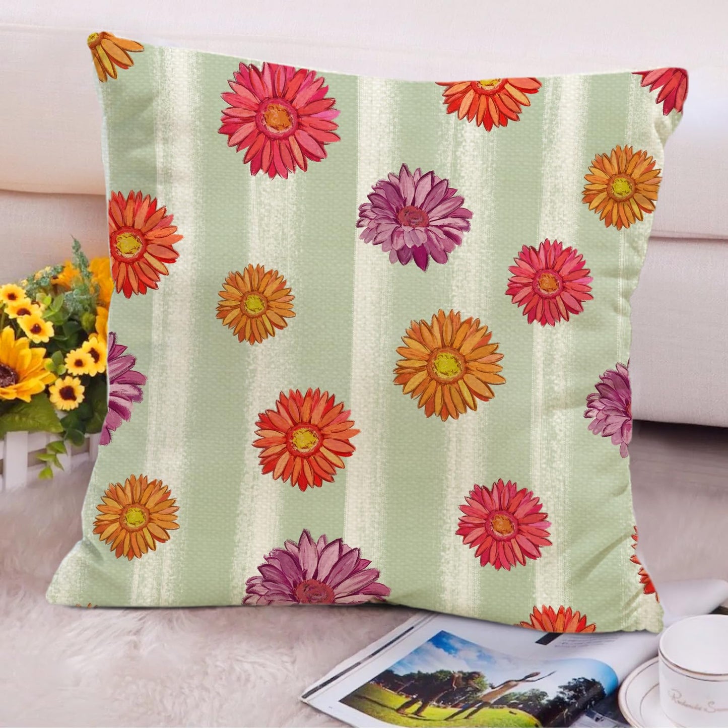 Tikeciti Spring Summer Vibrant Daisies Pillow Covers Blooming Wildflower Vase 18 x 18 Inch Throw Pillows, Hello Sunshine Seasonal Decorative Farmhouse Cushion Case for Sofa Couch Set of 4