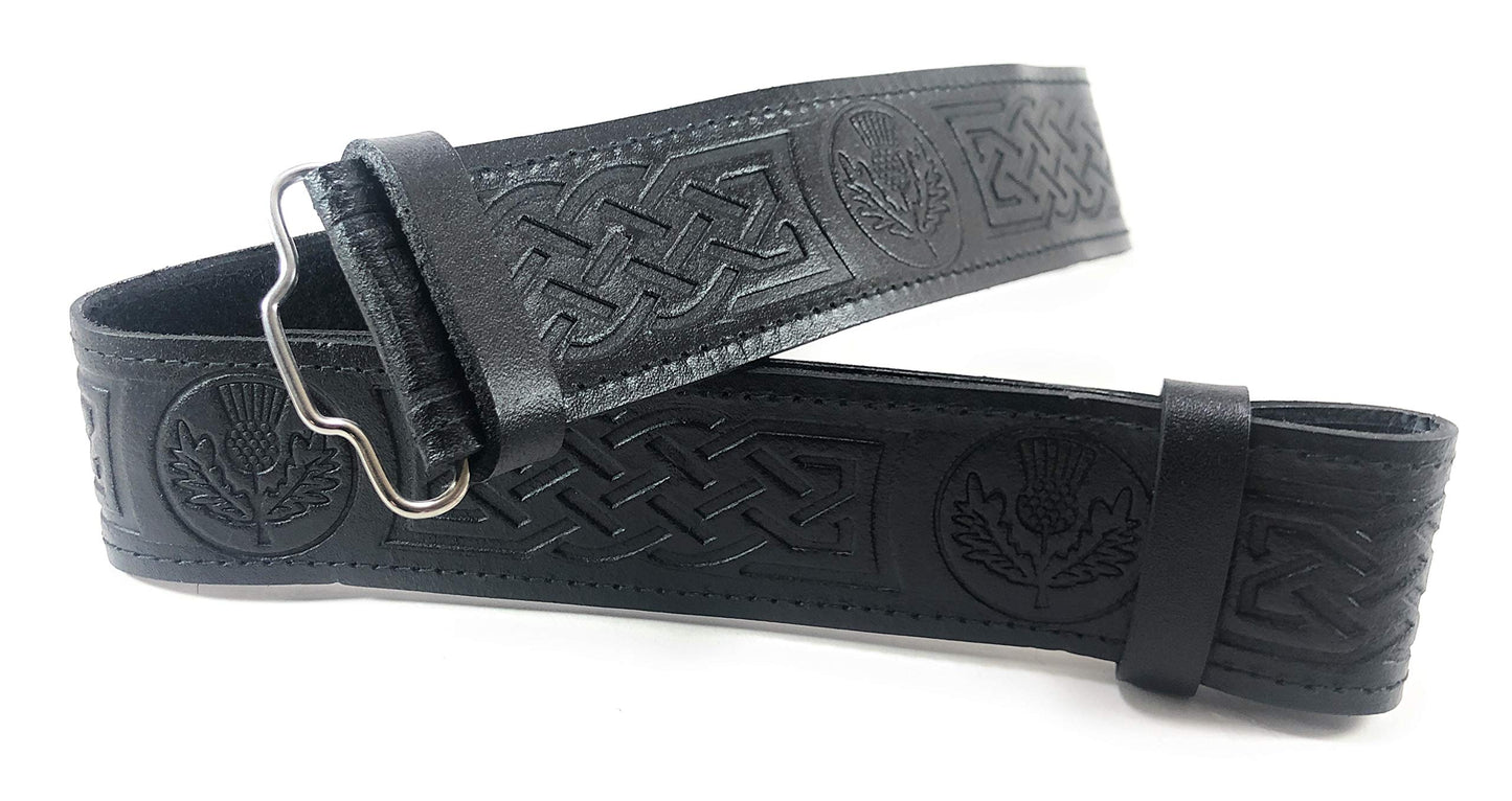 KSUC Black Leather Scottish Highland Kilt Belt With Thistle Embossed Design (Extra Large)