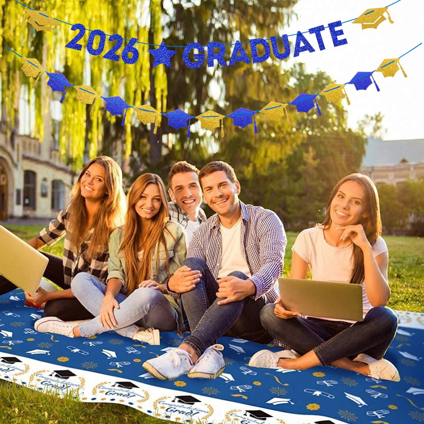 Navy-Blue White-Gold Party-Decoration Graduation Banner - 8pcs Kits Cap Garland Streamers, Paper Tissue Pom Poms Flowers, 2026 Craduate Banner Congratulations Grad Decor Lasting Surprise