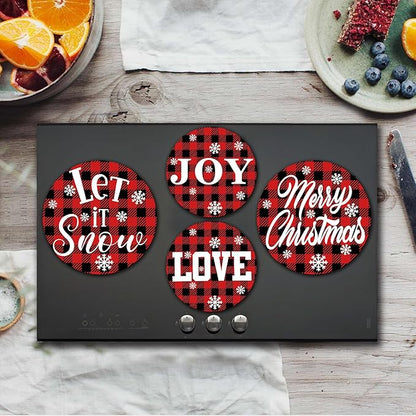 Xmas Decor Electric Stove Burner Covers，4 Pcs Halloween Decor Round Stove Burner Covers，8 Inches and 10 Inches，Gas Stove Burner Cover,Metal Cooktop Red Black Grid Decorative，Home Decor,Kitchen Decor