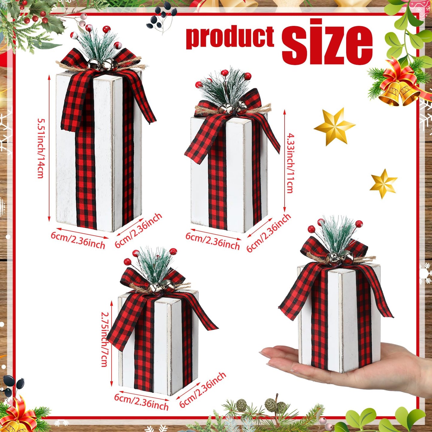 Amyhill 3 Pcs Christmas Wooden Gifts Box Decor Christmas Plaid Presents Table Centerpieces Rustic Wooden Gifts Tiered Tray Decor with Buffalo Plaid Bowknot for Xmas Party(Red,Classic)