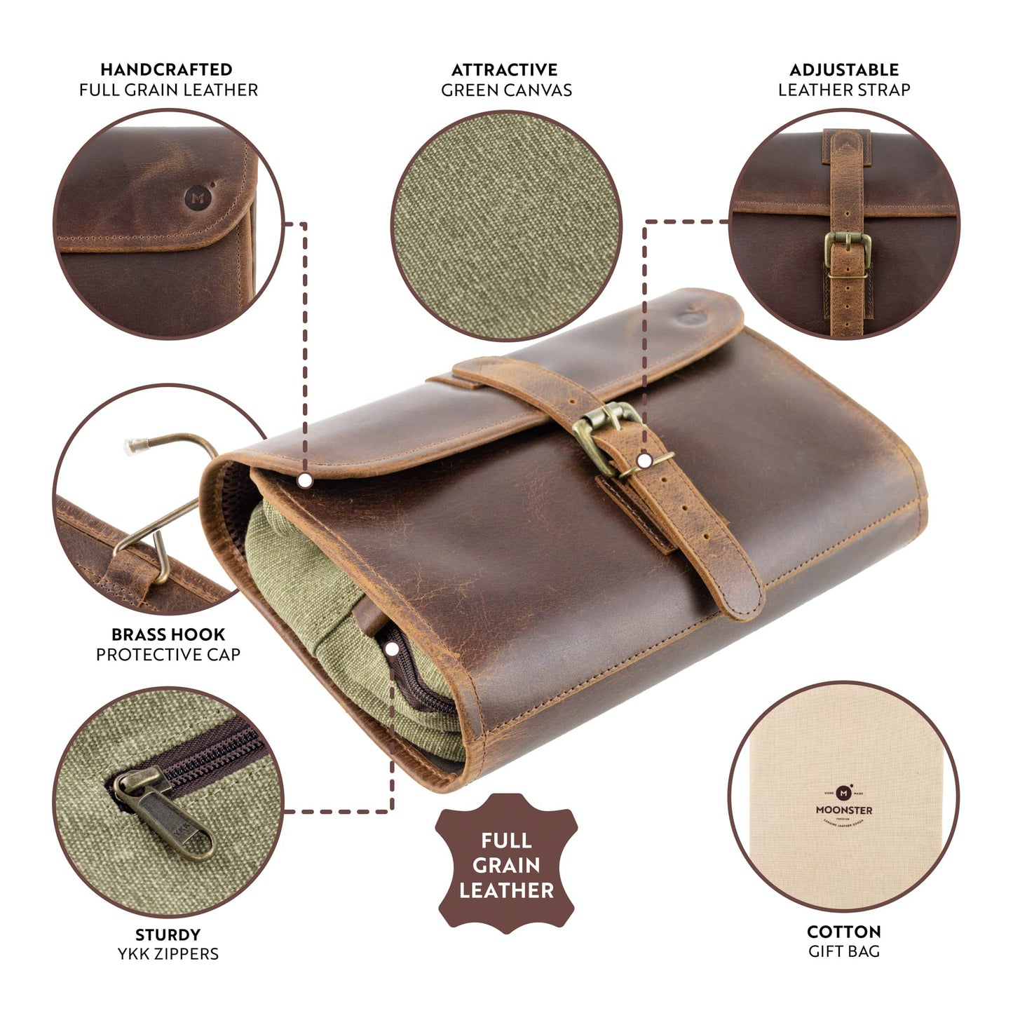 moonster Hanging Toiletry Bag for Men & Women, Leather Travel Bag with Hanging Hook, Dopp Kit Shower Bag