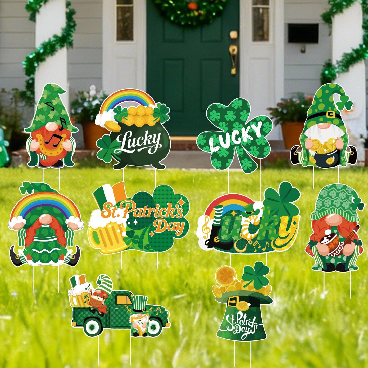 GXGGUS 10Pcs St. Patrick's Day Yard Sign Decorations Gnome Lawn Outdoor Decor with Stakes Saint Patricks Day lrish Home Garden Decorations