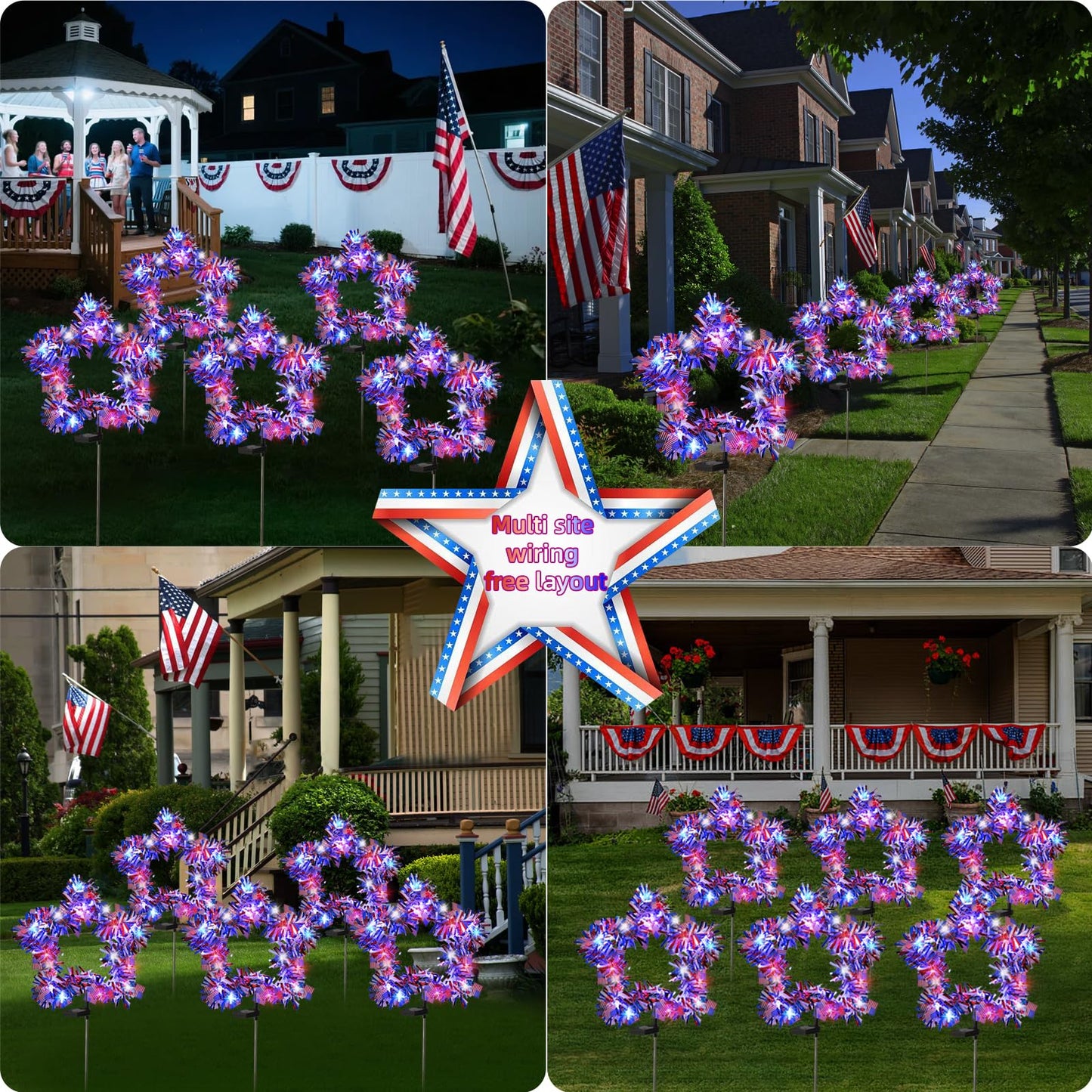 Kaitesla 2 Pack July 4th American Flag Solar American Flag Lights July 4th Solar Patriotic Flag Lights, 8 Modes Garden Pile Lights 50 LED Garden Landscape Lights Street Lights (Red White & Blue)