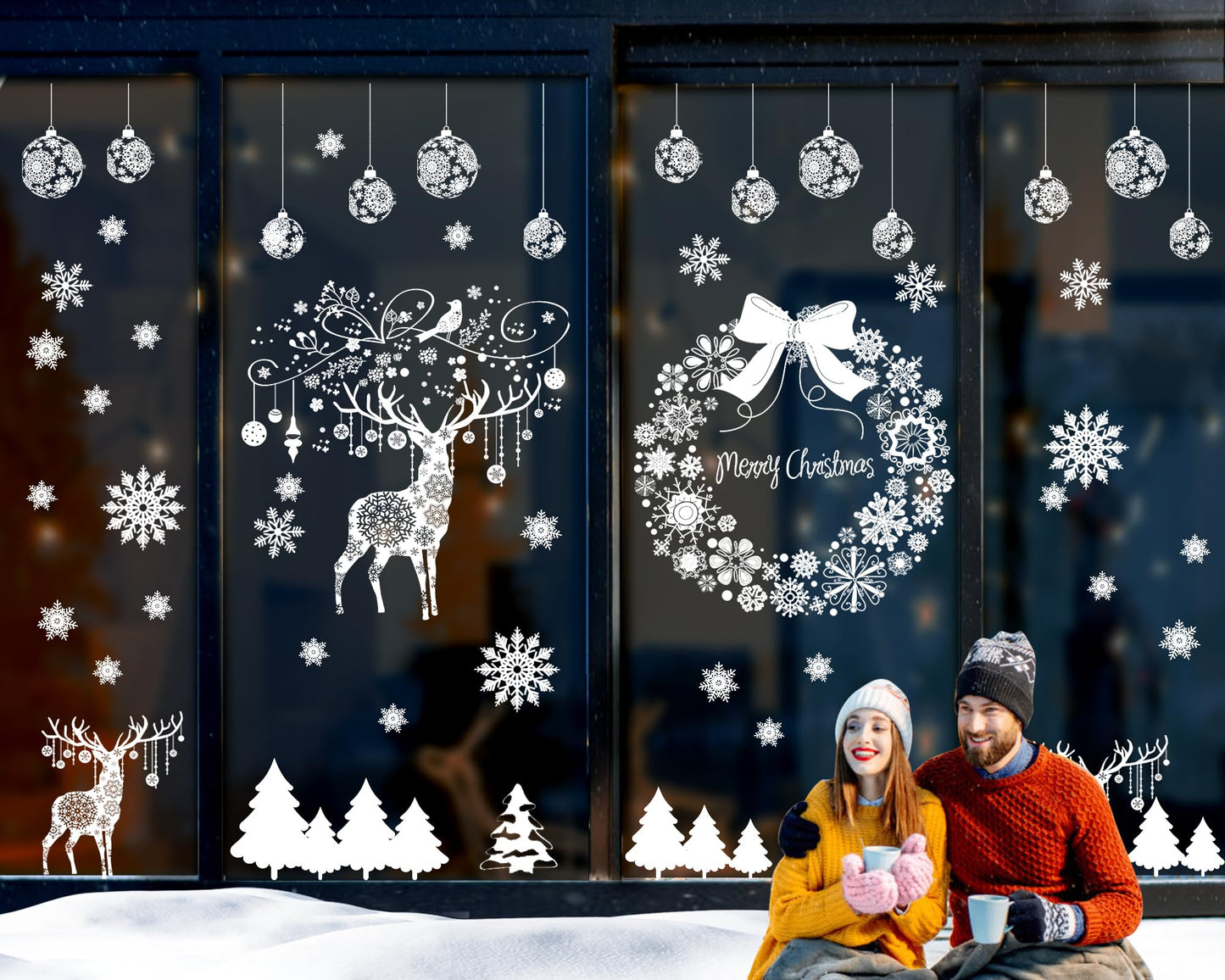 Super Huge Christmas Window Clings Static Snowflake Decorations, Reindeer Xmas Decor Winter Wonderland Decorations Window Stickers Decals for Indoor Holiday Party Decoration (4 Sheets)