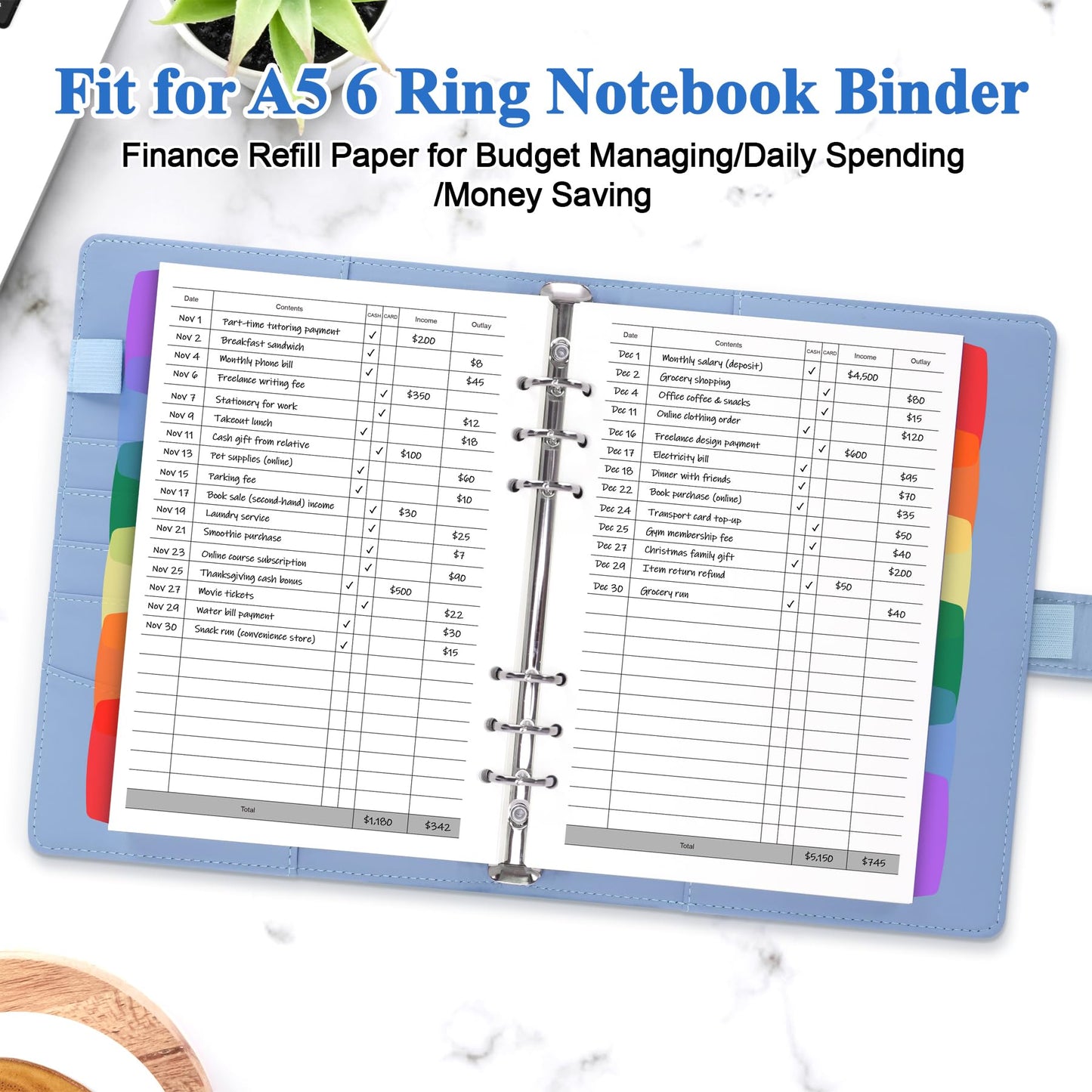Antner A5 Finance Refill Paper Planner Refills, 135 Sheets 6-Hole Finance Records Loose Leaf Filler Paper with Binder Dividers for A5 6-Ring Budget Binder, Refillable Notebook, Accounting Book Inserts