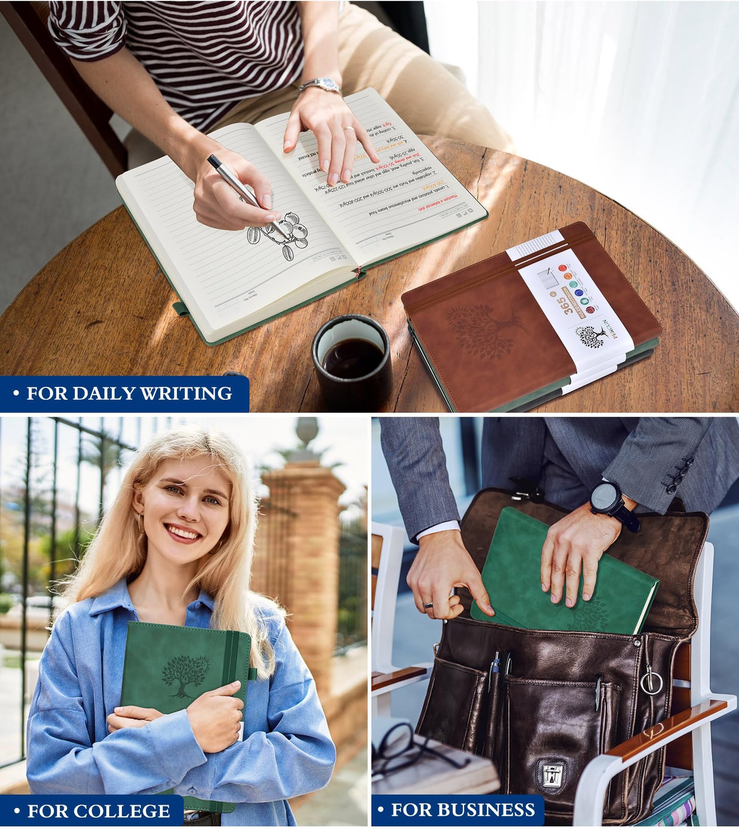 A5 Lined Journal Notebook - 365 Page Leather Journals for Writing Women & Men，Hardcover Notebook with 100Gsm Thick Pages，Daily Diary for Travel, Work，School，Note Taking，College Ruled (5.9" x 8.5")