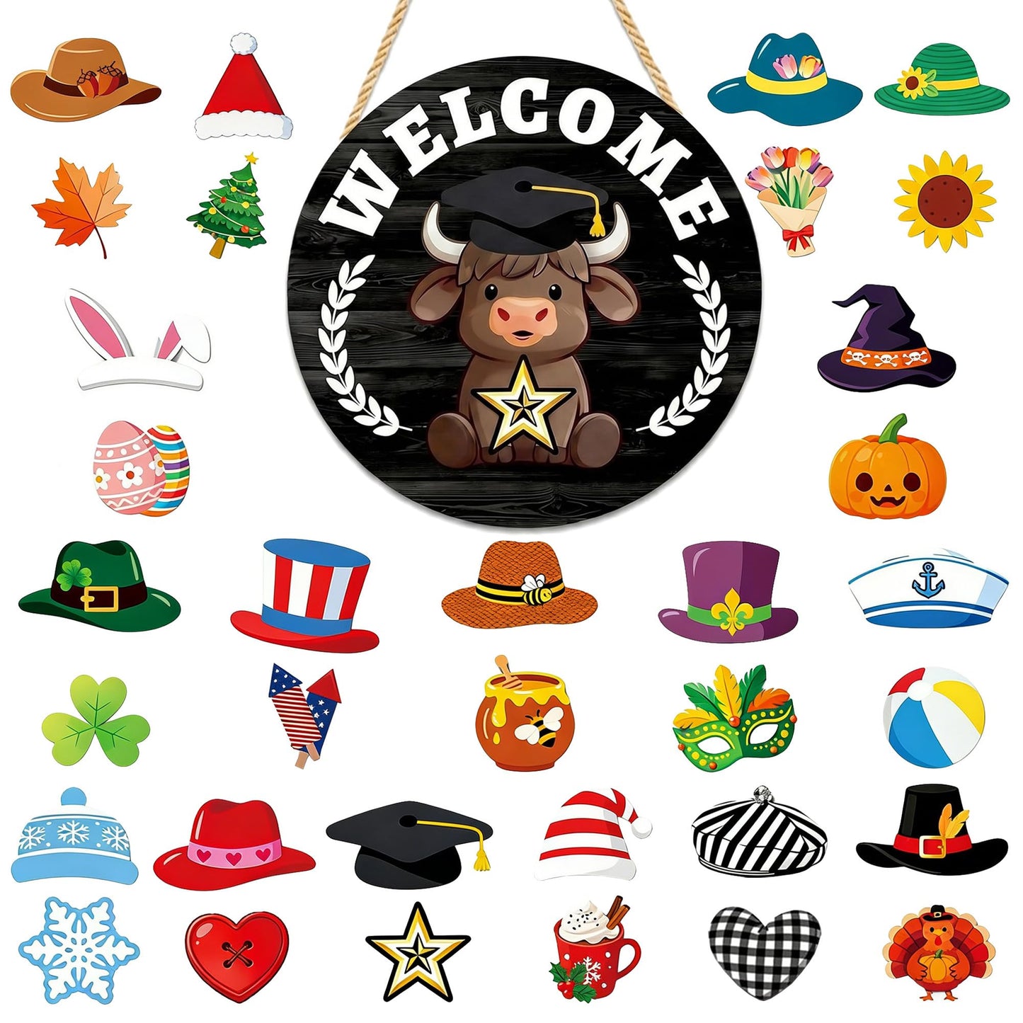 Yiranok Holiday Interchangeable Highland Cow Welcome Sign,Highland Cow Seasonal Wooden Hanging Door Decoration Front Door Decoration Gift Hanging Door Sign