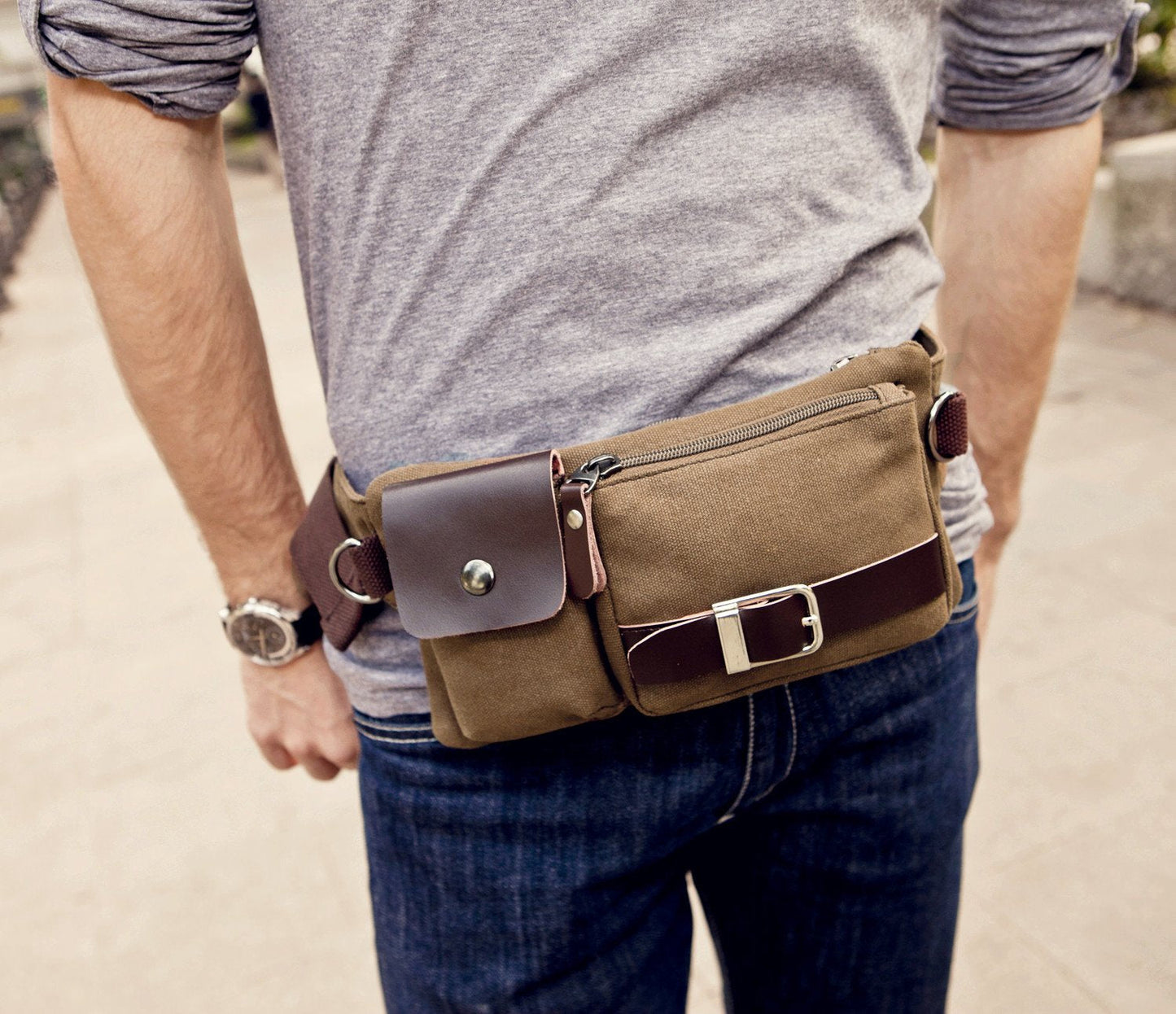 BAOSHA YB-01 Vintage Men's Waist Bag Sports Waist Pack Bum Bag Security Money Waist Day Pack Pouch Hip Belt Bag Bumbag Coffee