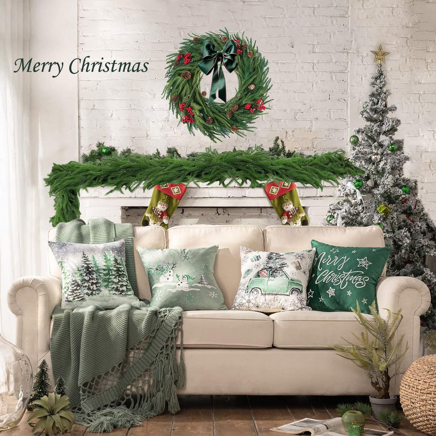 2PCS 6FT Artificial Norfolk Pine Garlands, Real Touch Winter Pine Garland, Green Artificial Greenery Garland for Table, Indoor, Mantle, Wall, Outdoor Christmas Decorations (2)