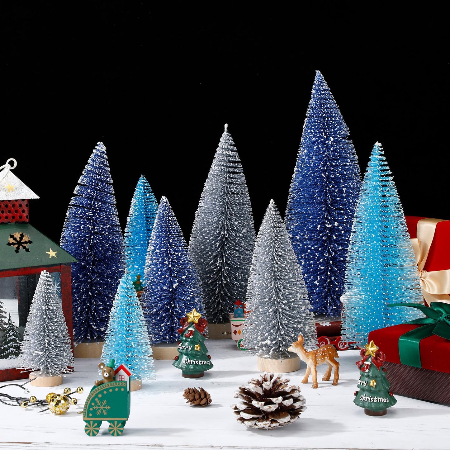 Leyndo 9 Pcs Blue Classic Artificial Mini Christmas Tree Sisal Bottle Brush Trees with Wood Base Christmas Pine Trees for Autumn Winter Holiday Home Kitchen Party Decor