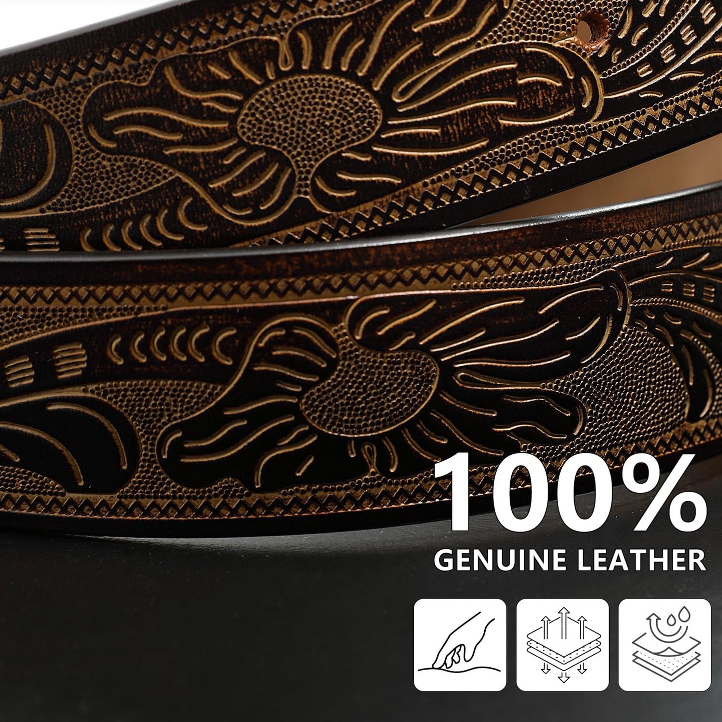 Evbopa Men's Western Cowboy Belt Mens Engraved Buckle Leather Belts for Jeans