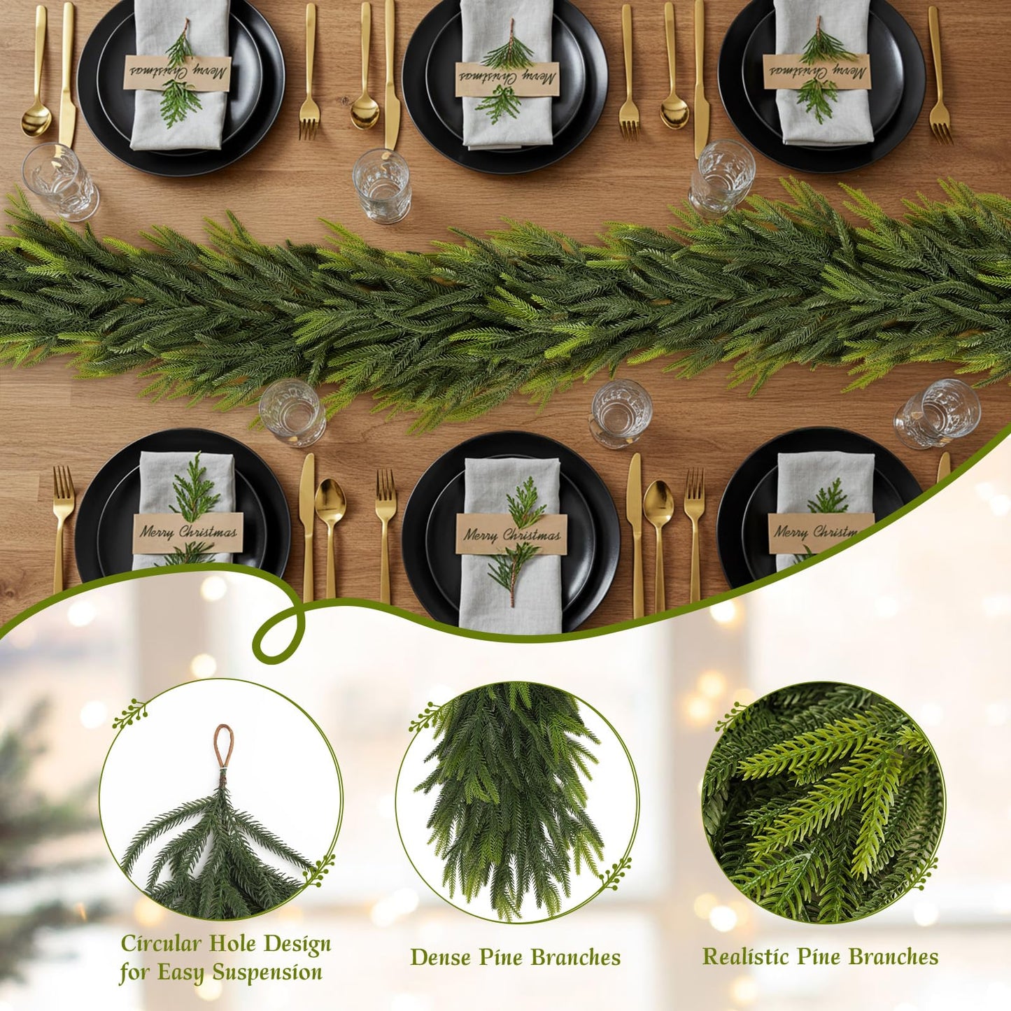N&T NIETING 15FT Christmas Norfolk Pine Garland Real Touch Pine Artificial Garlands Faux Greenery Garland Winter Christmas Garland for Table Mantle Fireplace Indoor Outdoor Xmas Decorations (1 Pcs)