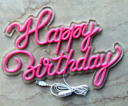 LiQi ™ ' HAPPY BIRTHDAY Neon Sign For Party Décor Bedroom Bar Wedding Home Kitchen Birthday Art Decoration Christmas Light Up Sign,led Neon Signs Wall Light Backdrop USB Powered, 16.5 * 12",Pink