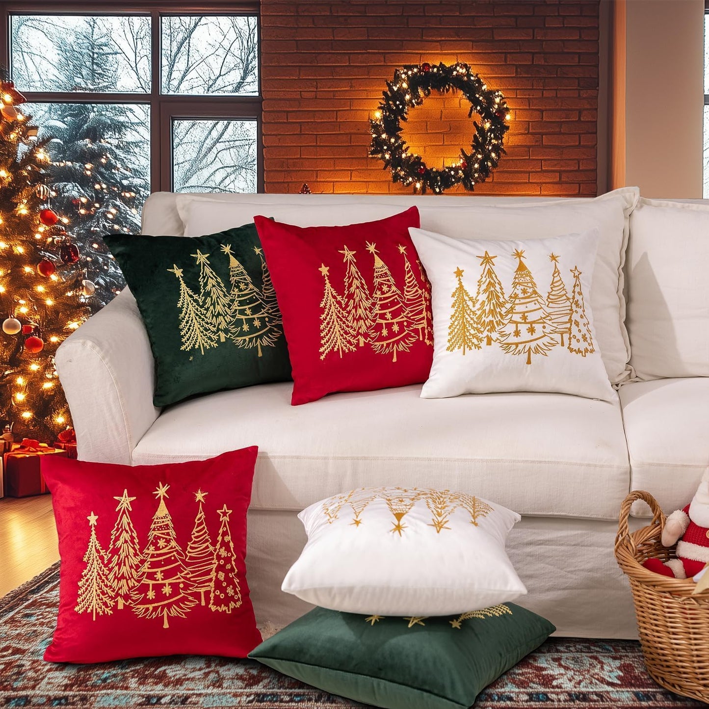GEEORY 2-Pack Embroidered Luxurious Velvet Christmas Tree Pillow Covers, Xmas Decorations Farmhouse Throw Pillows Winter Holiday Decor Cushion Case for Sofa & Bed Red Gold GX008-18