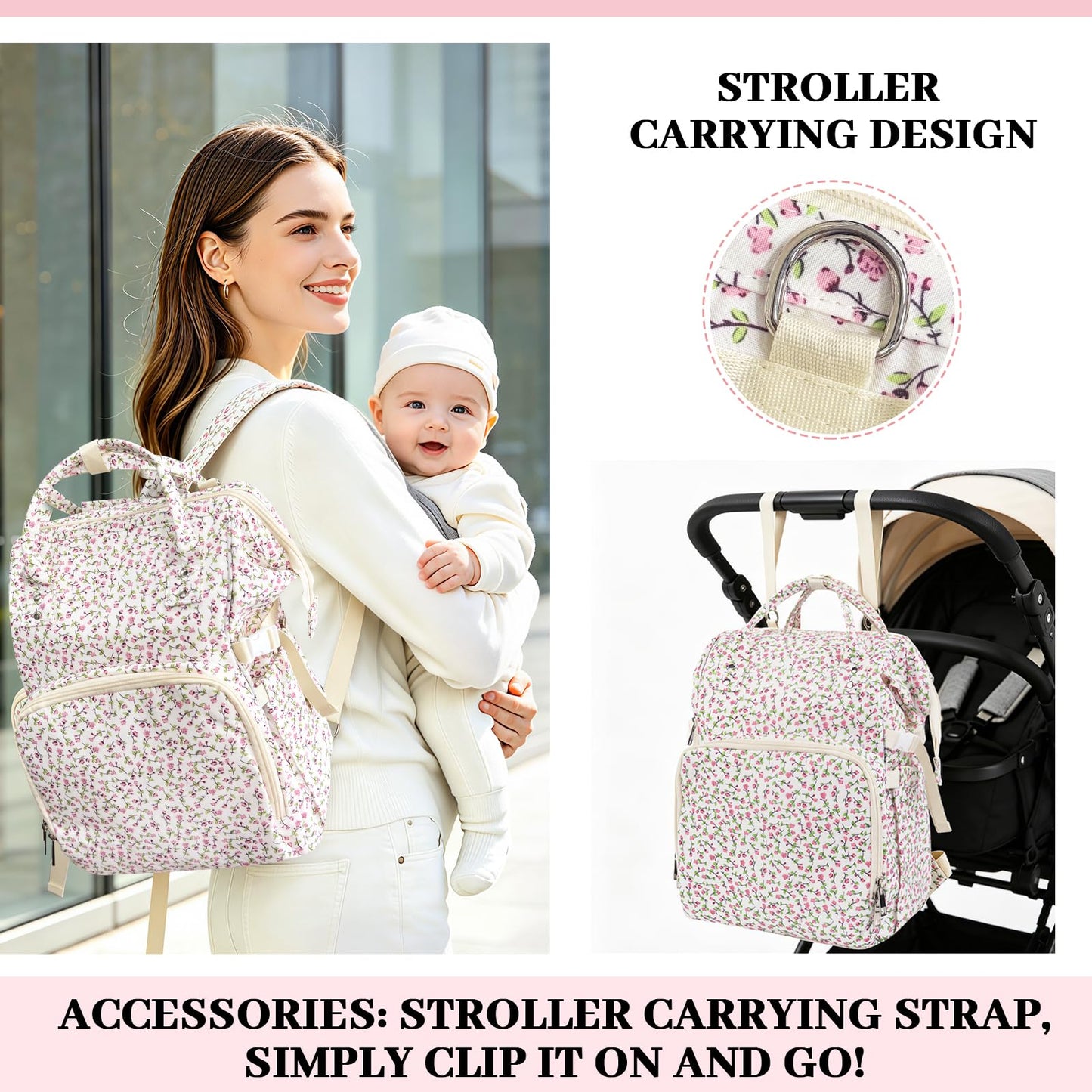 rain bunny Diaper Bag Backpack, Baby Diaper Backpack for Mom, Large Capacity Travel Nappy Bag for Boys Girls with Stroller Straps (Pink)